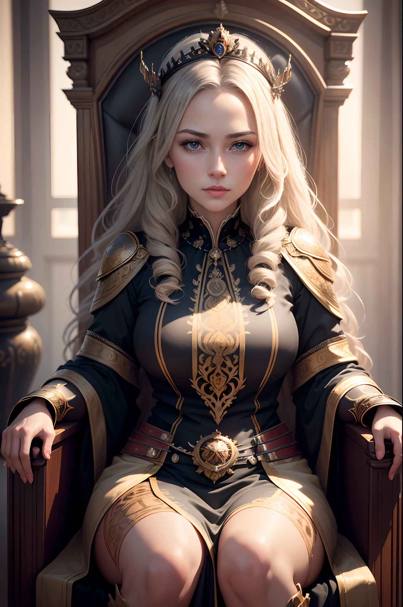 Breathtakingly beautiful portrait of a mature empress featuring symmetrical eyes and face, Rendering in 8k using Octane rendering technology to sit on a throne. The artwork is a masterpiece of intricate art, With spectacular cinematic quality and smoothness, Sharp details. Lighting is carefully crafted in a studio setting, It will be an ultra-realistic image showing the artist's proficiency. Works that are talked about at the art station. artist name: Oleg Shcherba, John K. Vollmer, Einar Martinsen