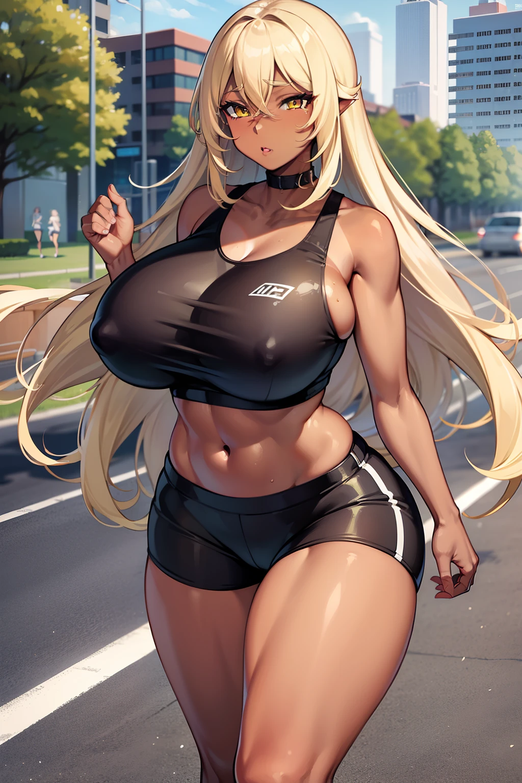 Best quality, massive breasts, very curvy, dark brown skin, long blond hair, yellow eyes, slutty, gyaru, full lips, seductive, jog, darkskin, tan, sprinting, jogging, jogging clothes, taking a jog