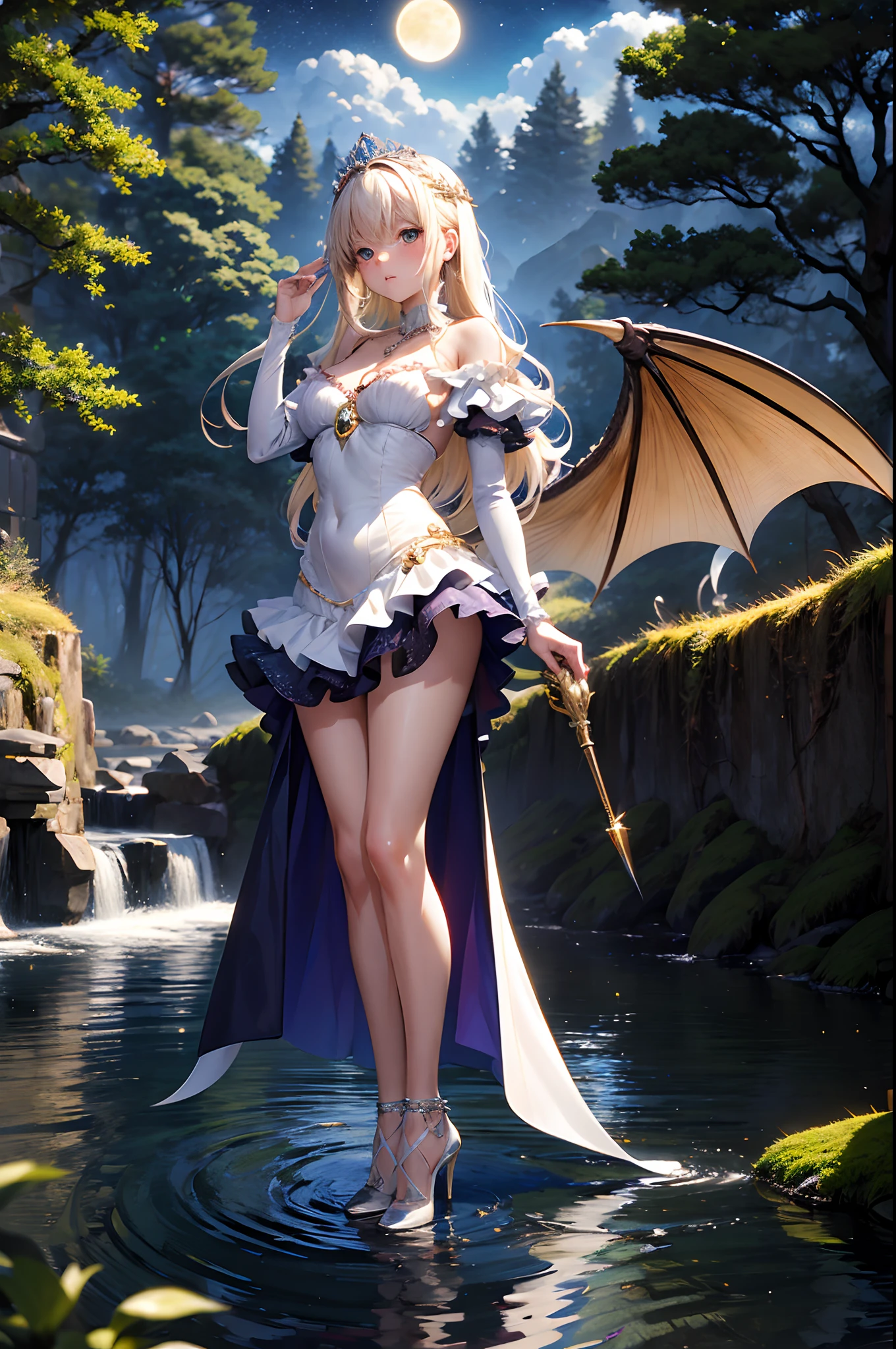 (masterpiece, best quality:1.2), 1girl, solo, cute, kawaii, digital art, magic circle, platinum blonde hair, finely detailed eyes, embarrassed expression, sweat, frilly dress, pink color scheme, high heels, white gloves, heart-shaped necklace, tiara, wielding a wand, dragon, forest, fire breath, wings, scales, sharp claws, spiky tail, trees, moss, moonlight filtering through leaves, fallen leaves, bushes, rocks, river, bridge, night clouds, starry sky, windy, leaves rustling,