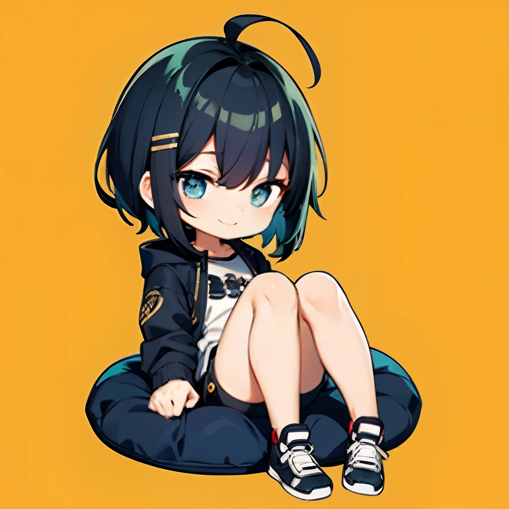 超A high resolution, Best aesthetic, Top quality depiction of the foot, Put on a jacket,  Black and blue hair on the back, Flat Avatar,  Anime visuals of cute girls, Cute art style, Chibi,  Shorthair, Ahoge, is shy, A smile, hair adornments,drawing on paper,  simple background, 耳环, jewely, side locks, large oval eyes,