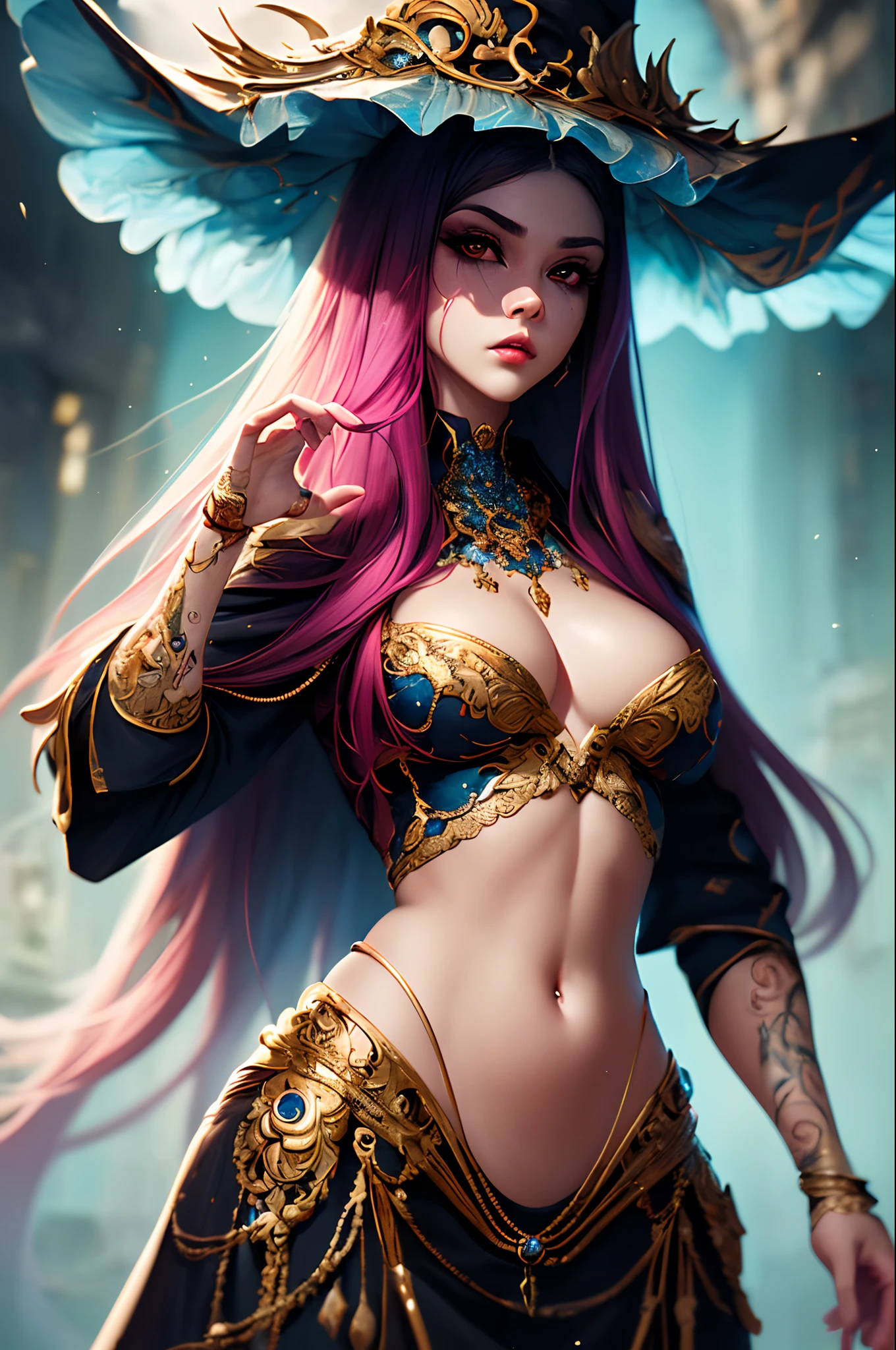 (best quality: 1.1), (masterpiece: 1.1), detailed, perfect anatomy, 1 girl, medium shot, (wide hips: 1.2), wizard, masterpiece, best quality, mature witch, witch hat, grumpy lighting, brightness, bright, mysterious, mystical, magical, rim lighting, vibrant, psychedelic, colorful, intricate, elegant, sharp focus, highly detailed, digital painting, concept art, matte, masterpiece, hyper detailed ultra sharp, vibrant aesthetics, blood wave, colorful, psychedelic, ornate, intricate, digital painting, concept art, smooth, sharp focus, illustration, beautiful female,