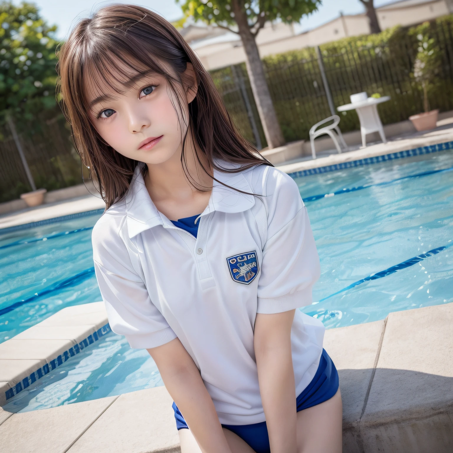 ((Top image quality、8K、masterpiece:1.3))、Realistic high-quality photos、top-quality、girl cute-fine face、13 years old beautiful Japan girl、Photo of slim little girl model、Beautiful girl model、young japanese girl、Young cute face、japanaese girl、13-year-old female model、Beautiful Model Girl、The innocent look of the girl next door、lovely delicate face、Brown hair、Beautiful brown eyes、Tear bag、drooing eyes、young body、((School swim wear))