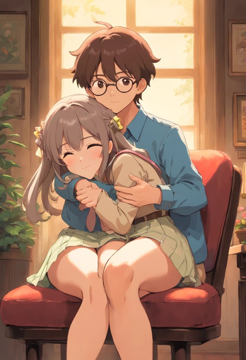 Male and female couples　Girl sitting on a chair wearing a tight skirt over a blouse。Boys hugging each other from behind。Boy in old school outfits with mash cut hairstyle。Without glasses