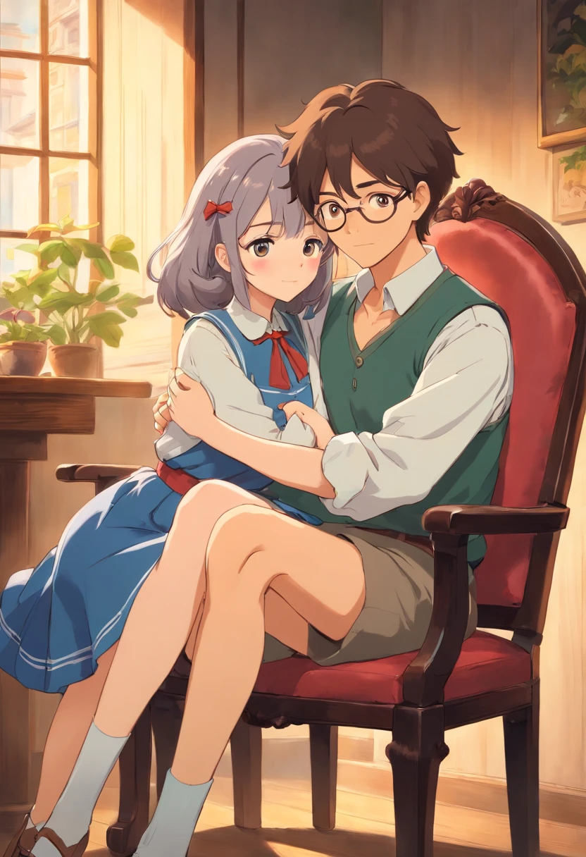 Male and female couples Girl sitting on a chair wearing a tight skirt over a blouse。Boys hugging each other from behind。Boy in old school outfits with mash cut hairstyle。Without glasses