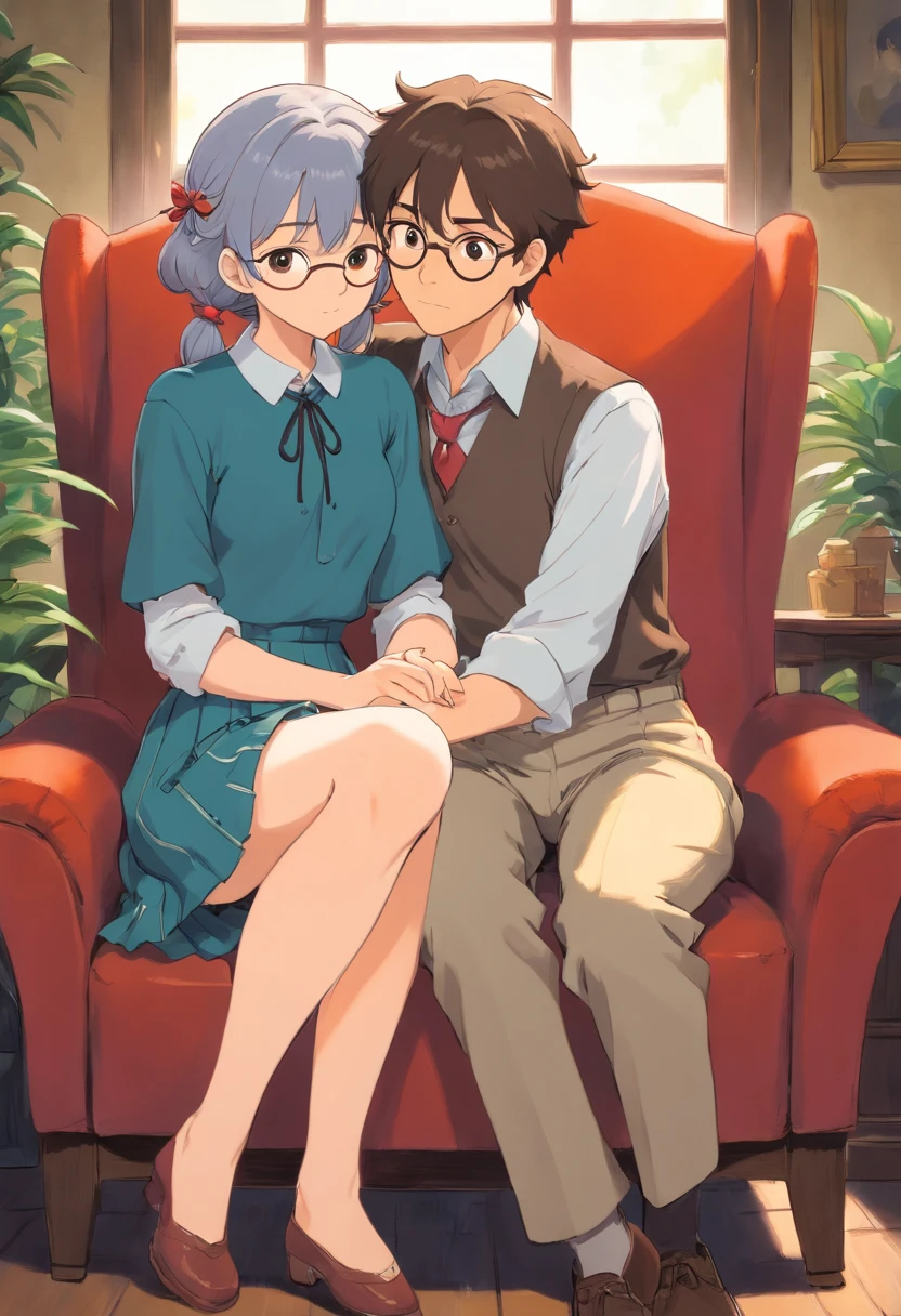 Male and female couples　Girl sitting on a chair wearing a tight skirt over a blouse。Boys hugging each other from behind。Boy in old school outfits with mash cut hairstyle。Without glasses