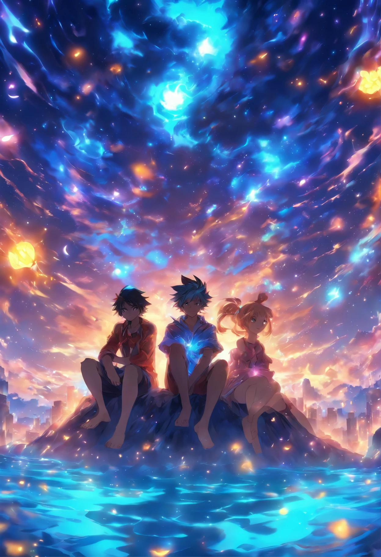 a girl character made up completely of sunshine body, a boy character made up completely of moonlight body, sitting beside the girl ,