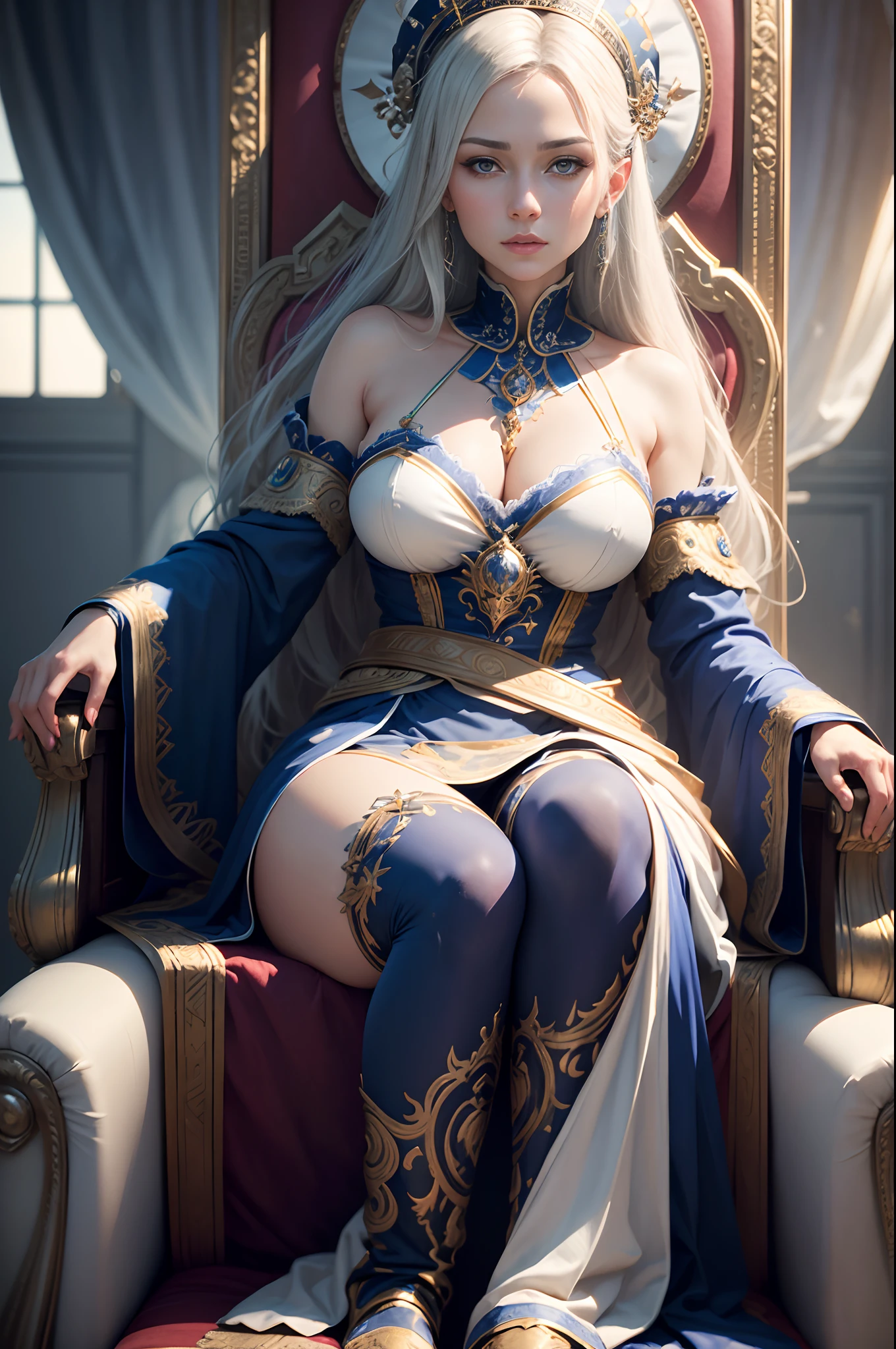 Breathtakingly beautiful portrait of a mature empress featuring symmetrical eyes and face, sitting in a throne,Blue and white empress costume,Rendering in 8k using Octane rendering technology. The artwork is a masterpiece of intricate art, With spectacular cinematic quality and smoothness, Sharp details. Lighting is carefully crafted in a studio setting, It will be an ultra-realistic image showing the artist's proficiency. Works that are talked about at the art station. artist name: Oleg Shcherba, John K. Vollmer, Einar Martinsen