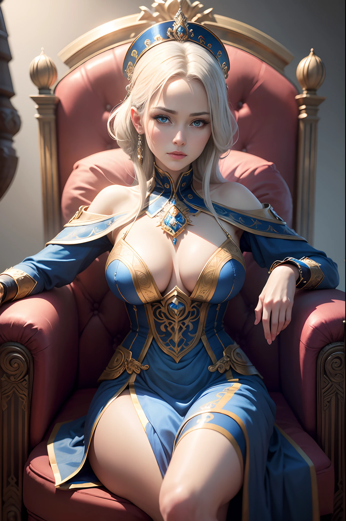 Breathtakingly beautiful portrait of a mature empress featuring symmetrical eyes and face, sitting in a throne,Blue and white empress costume,Rendering in 8k using Octane rendering technology. The artwork is a masterpiece of intricate art, With spectacular cinematic quality and smoothness, Sharp details. Lighting is carefully crafted in a studio setting, It will be an ultra-realistic image showing the artist's proficiency. Works that are talked about at the art station. artist name: Oleg Shcherba, John K. Vollmer, Einar Martinsen