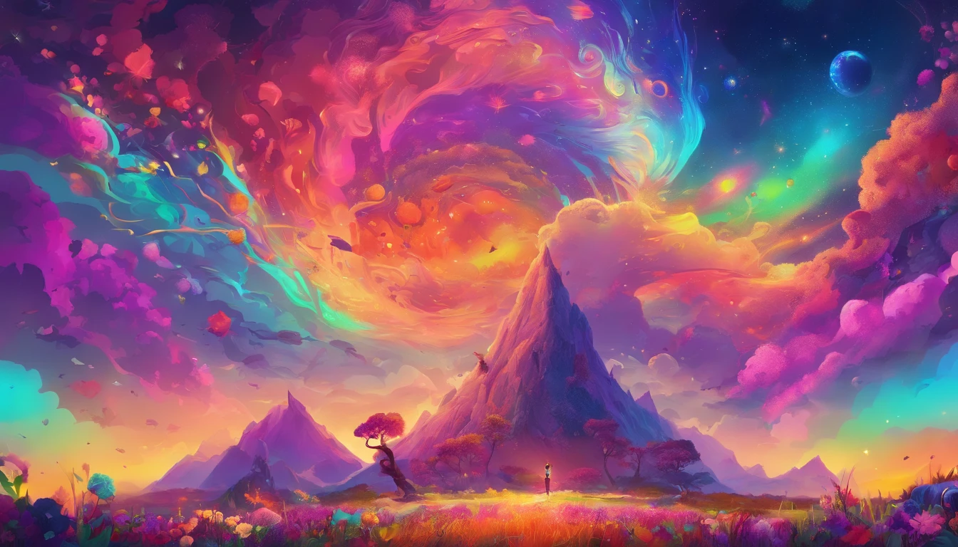 Vast landscape photo, (viewed from below, the sky is above and the open field is below), a girl standing on a flower field looking up, (full moon: 1.2), (meteor: 0.9), (nebula: 1.3), distant mountains , Trees BREAK Crafting Art, (Warm Light: 1.2), (Fireflies: 1.2), Lights, Lots of Purple and Orange, Intricate Details, Volumetric Lighting, Realism BREAK (Masterpiece: 1.2), (Best Quality), 4k, Ultra-Detailed, (Dynamic Composition: 1.4), Very Detailed, Colorful Details, (Rainbow Colors: 1.2), (Glow Lighting, Atmospheric Lighting), Dreamy, Magical, (Solo: 1.2)