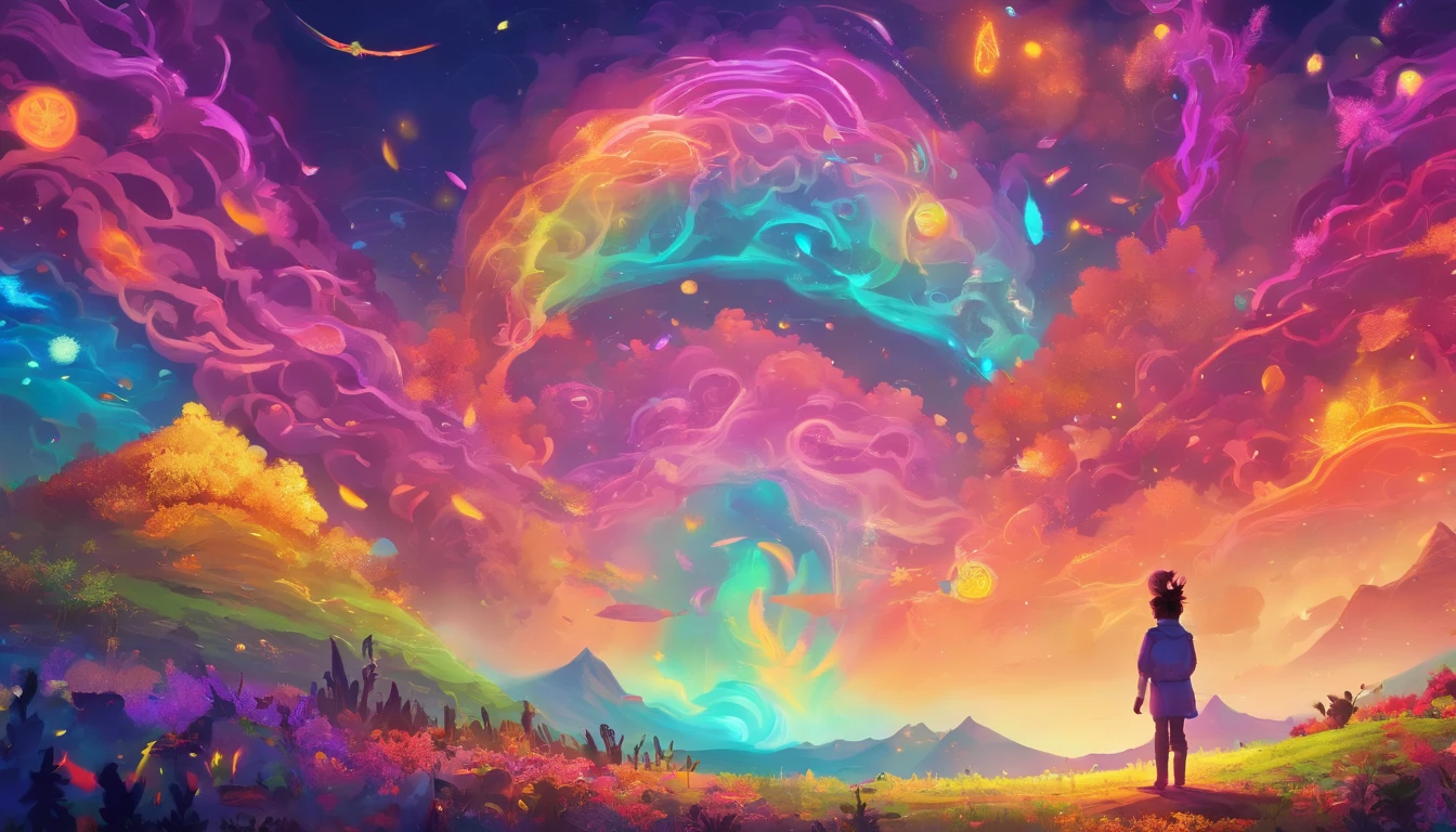 Vast landscape photo, (viewed from below, the sky is above and the open field is below), a girl standing on a flower field looking up, (full moon: 1.2), (meteor: 0.9), (nebula: 1.3), distant mountains , Trees BREAK Crafting Art, (Warm Light: 1.2), (Fireflies: 1.2), Lights, Lots of Purple and Orange, Intricate Details, Volumetric Lighting, Realism BREAK (Masterpiece: 1.2), (Best Quality), 4k, Ultra-Detailed, (Dynamic Composition: 1.4), Very Detailed, Colorful Details, (Rainbow Colors: 1.2), (Glow Lighting, Atmospheric Lighting), Dreamy, Magical, (Solo: 1.2)