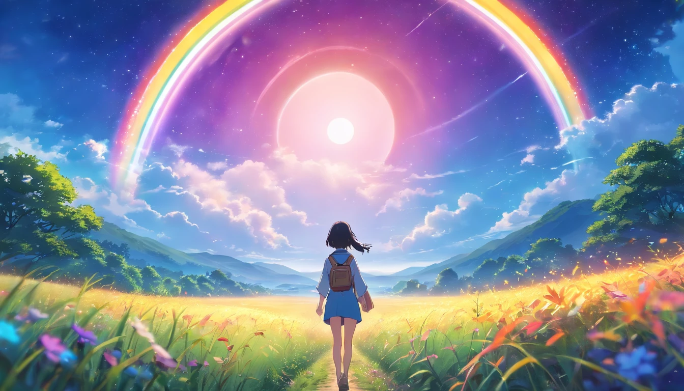 Vast landscape photo, (viewed from below, the sky is above and the open field is below), a girl standing on a flower field looking up, (full moon: 1.2), (meteor: 0.9), (nebula: 1.3), distant mountains , Trees BREAK Crafting Art, (Warm Light: 1.2), (Fireflies: 1.2), Lights, Lots of Purple and Orange, Intricate Details, Volumetric Lighting, Realism BREAK (Masterpiece: 1.2), (Best Quality), 4k, Ultra-Detailed, (Dynamic Composition: 1.4), Very Detailed, Colorful Details, (Rainbow Colors: 1.2), (Glow Lighting, Atmospheric Lighting), Dreamy, Magical, (Solo: 1.2)