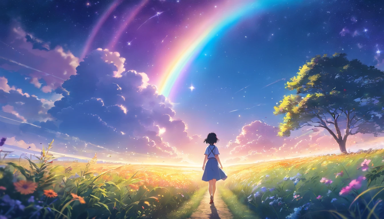 A woman standing in a field with a rainbow in the sky - SeaArt AI