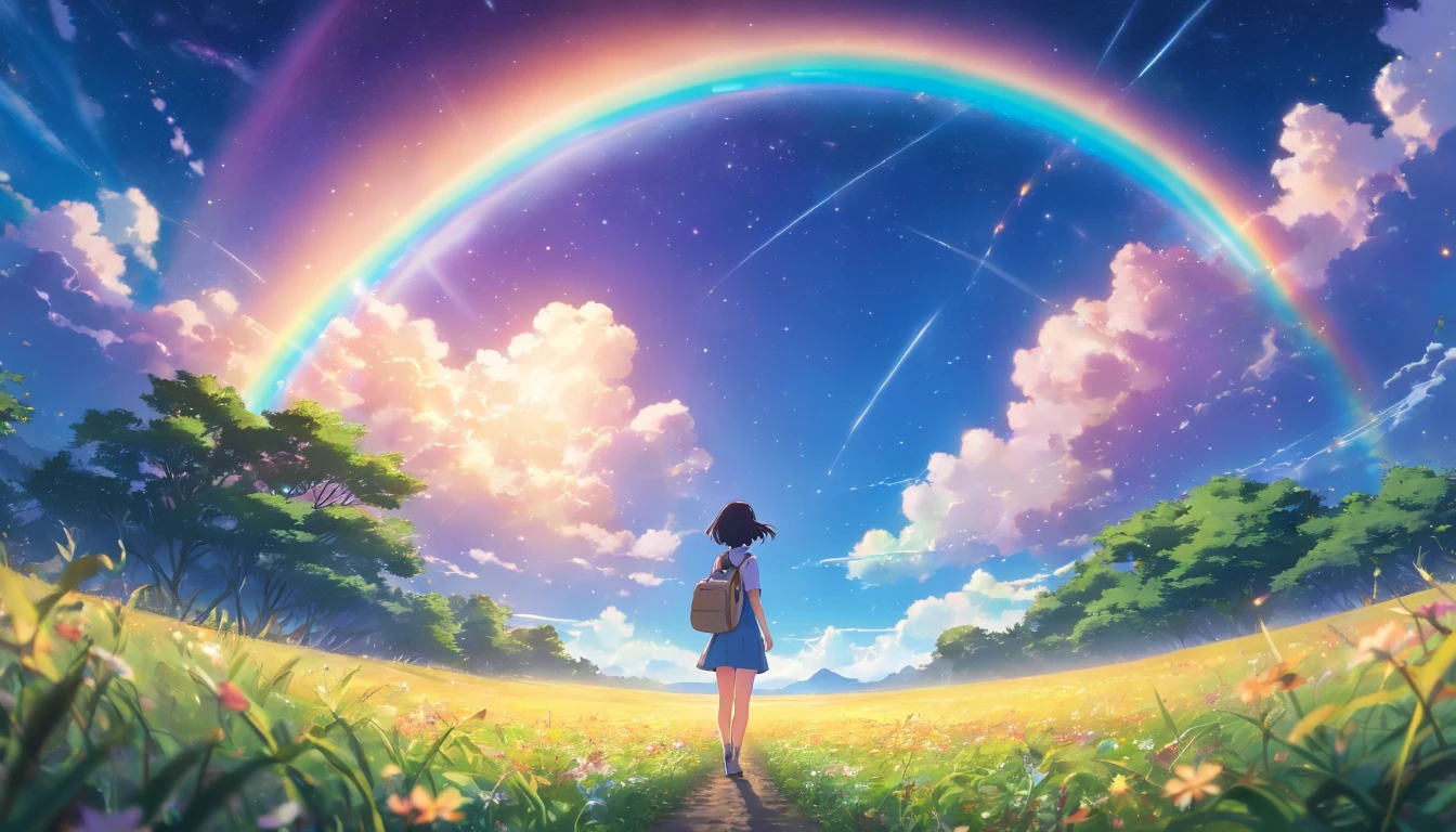 Vast landscape photo, (viewed from below, the sky is above and the open field is below), a girl standing on a flower field looking up, (full moon: 1.2), (meteor: 0.9), (nebula: 1.3), distant mountains , Trees BREAK Crafting Art, (Warm Light: 1.2), (Fireflies: 1.2), Lights, Lots of Purple and Orange, Intricate Details, Volumetric Lighting, Realism BREAK (Masterpiece: 1.2), (Best Quality), 4k, Ultra-Detailed, (Dynamic Composition: 1.4), Very Detailed, Colorful Details, (Rainbow Colors: 1.2), (Glow Lighting, Atmospheric Lighting), Dreamy, Magical, (Solo: 1.2)