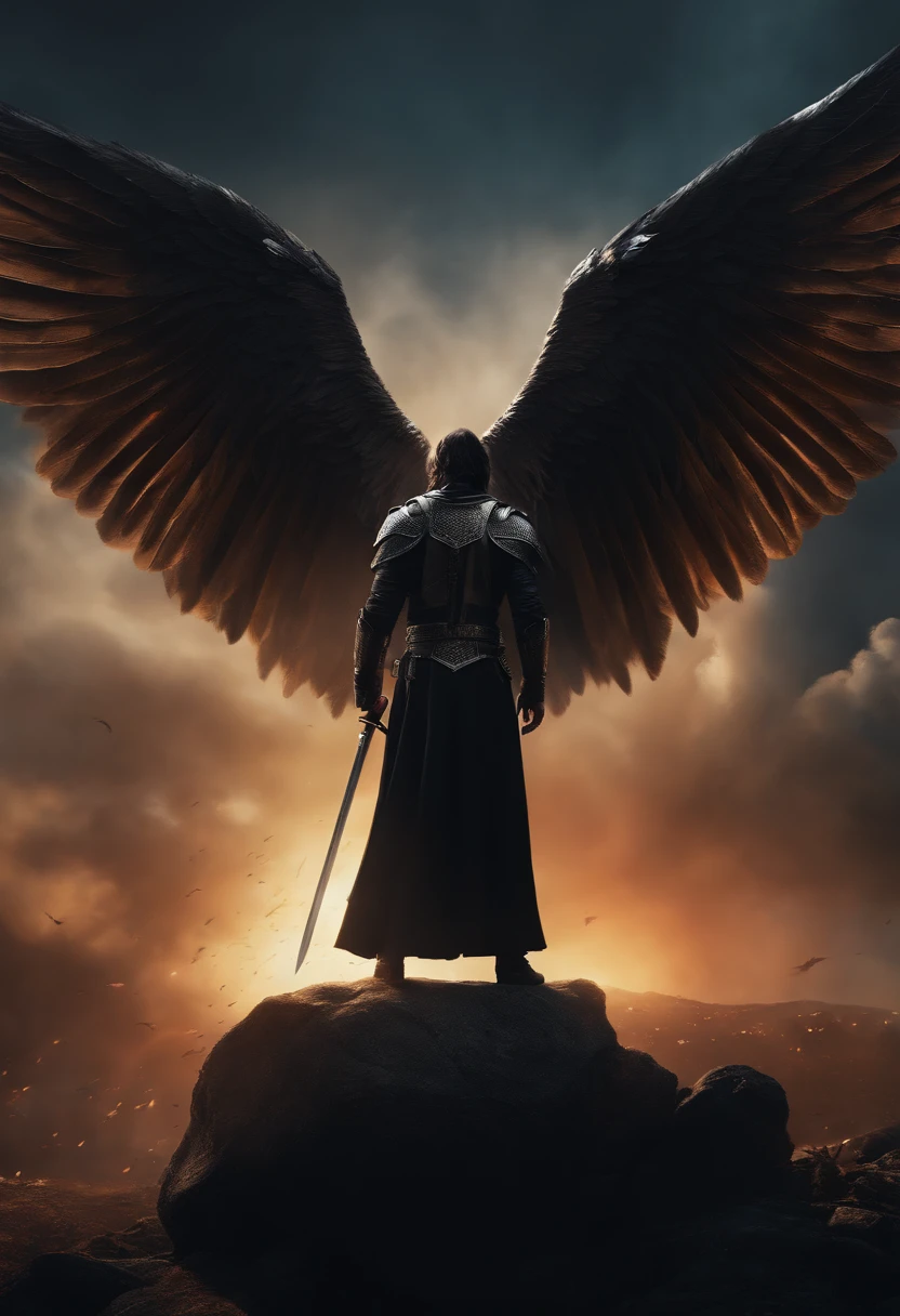 realistic, 4k, cinematic, an angel with big wings on his back, black clothes, a sword, a hood on his head in the background image of war (chaos), masterpiece