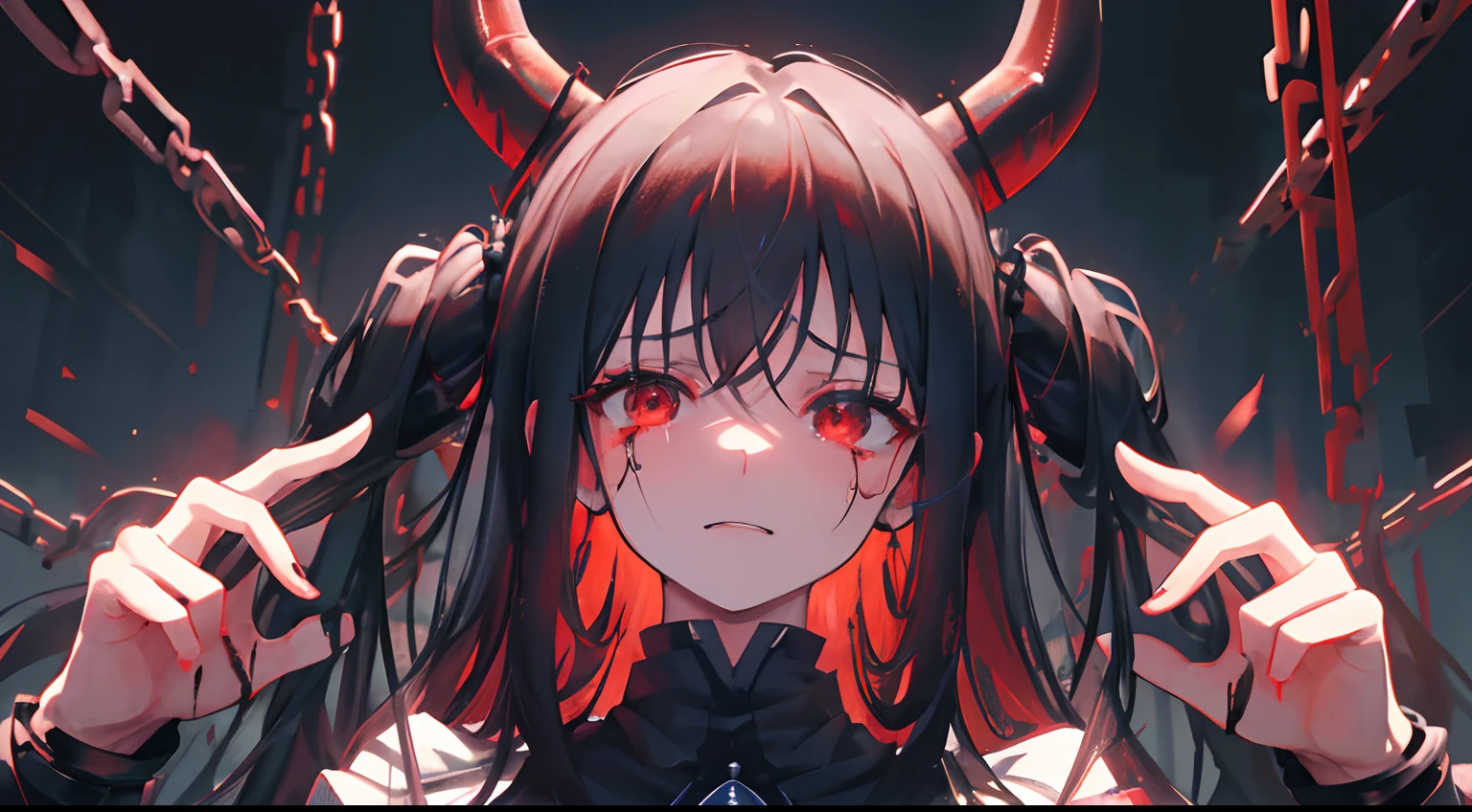 High Resolution, Detailed Face Features, Wallpaper, Dark Background, Outside, Public,Female, Assassin, Hands tied with Chains, Long Black Hair, Horns on Head,Small Chest, Uniform in random Color, Red Eyes, Pain, Tears, Revenge,