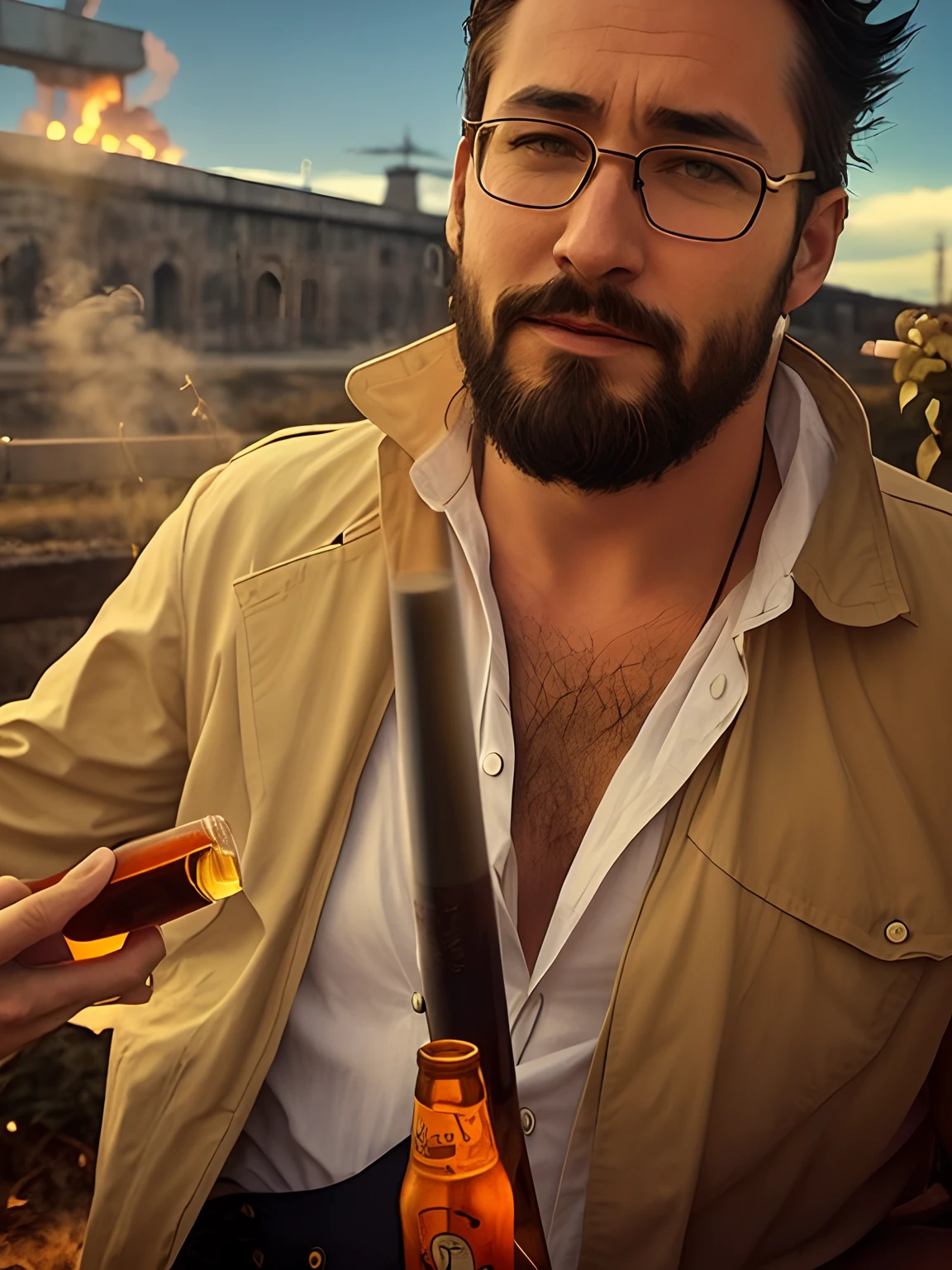 cigarette,A bottle of beer, Nuclear explosion in the background, The King and the Jester, View from the dolek