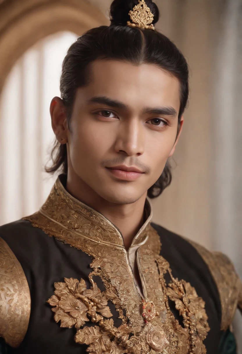 1male, a prince from the Pajajaran kingdom, with an elegant and dignified gaze, Sundanese ethnicity, ancient java, masterpiece, the best quality, (detailed face, detailed ayes, detailed skin texture, ultra-detailed body), realistic, 4k textures, HDR, best 8k, insane details, intricate details, hyperdetailed, hyper quality, great detail, ultra-detailed, soft cinematic light
