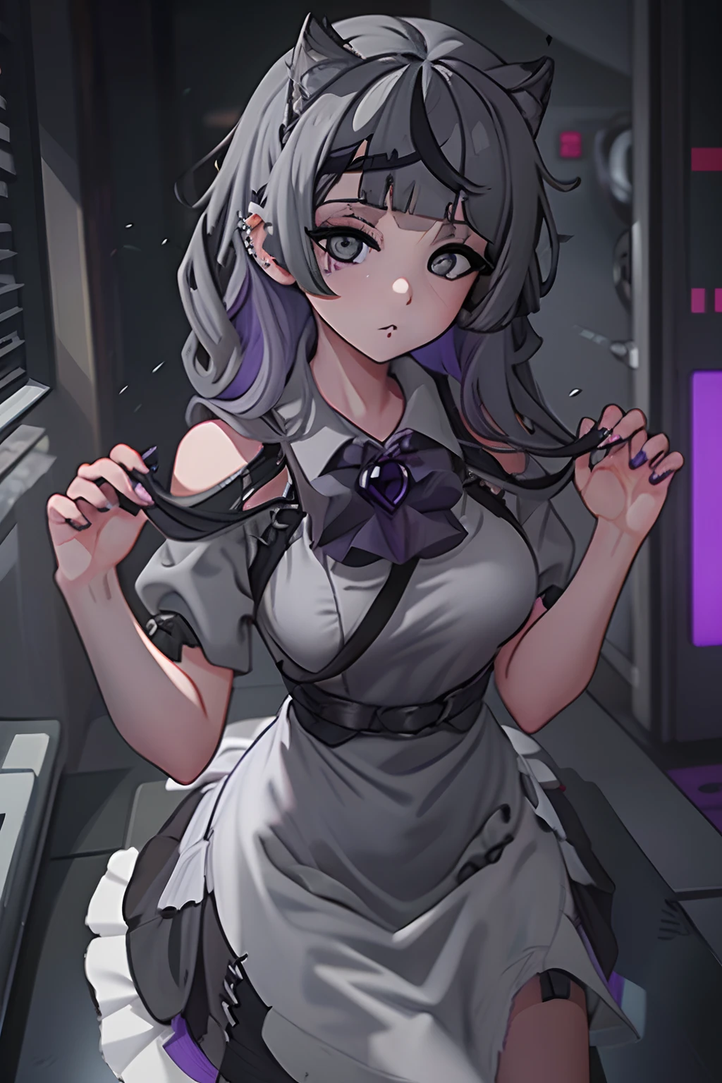maid , pasan, black hair, blunt bangs, blunt ends, chin piercing, colored inner hair, ear piercing, (grey eyes:1.5), hime cut, long hair, medium bangs, multicolored hair, piercing, purple hair,