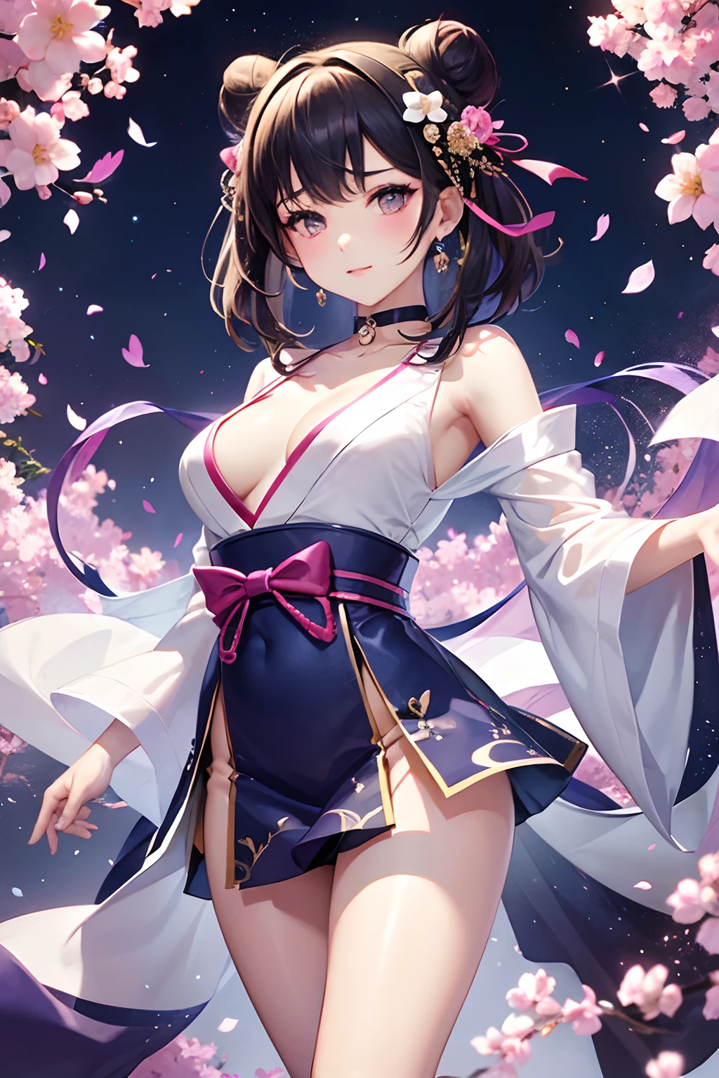 japanaese girl, Smooth and delicate lines, Wearing a glamorous and flowing miniskirt, Miniskirt blue-pink, Shy, Beautiful face, Exquisite makeup, Willow leaf eyebrows, Gentle eyes, Hair in a bun, Wearing a transparent hair ornament in the shape of a flower, Hair blue-pink gradient,Heart-shaped choker、 Butterfly in hand, Graceful and flowing movements, Watercolor style, The image is clean and clear, Qiuying style