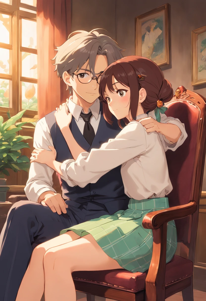 Male and female couples　Girl sitting on a chair wearing a tight skirt over a blouse。Boys hugging each other from behind。Boy in formal outfits with cool cut hairstyle。