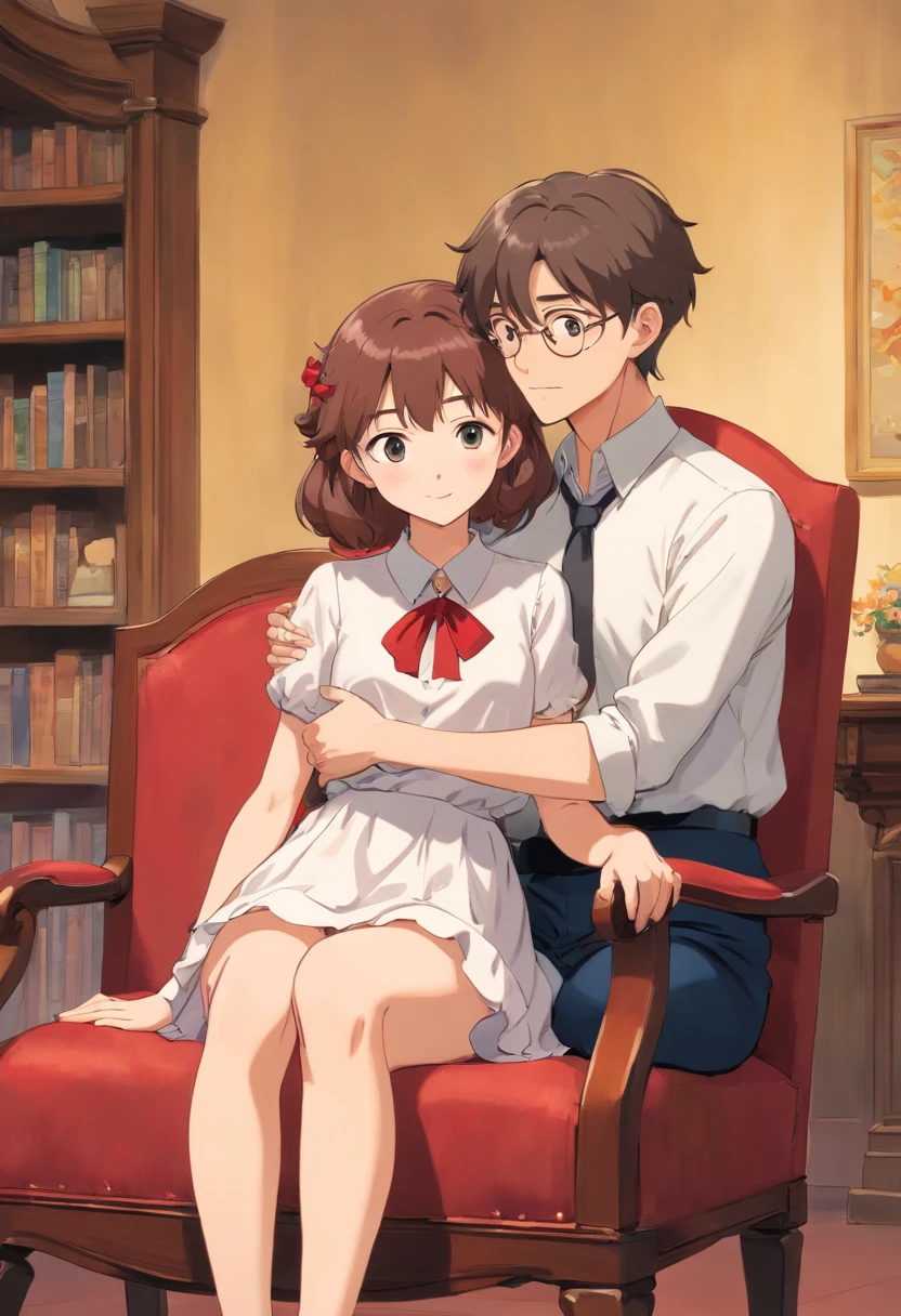 Male and female couples　Girl sitting on a chair wearing a tight skirt over a blouse。Boys hugging each other from behind。Boy in formal outfits with cool cut hairstyle。