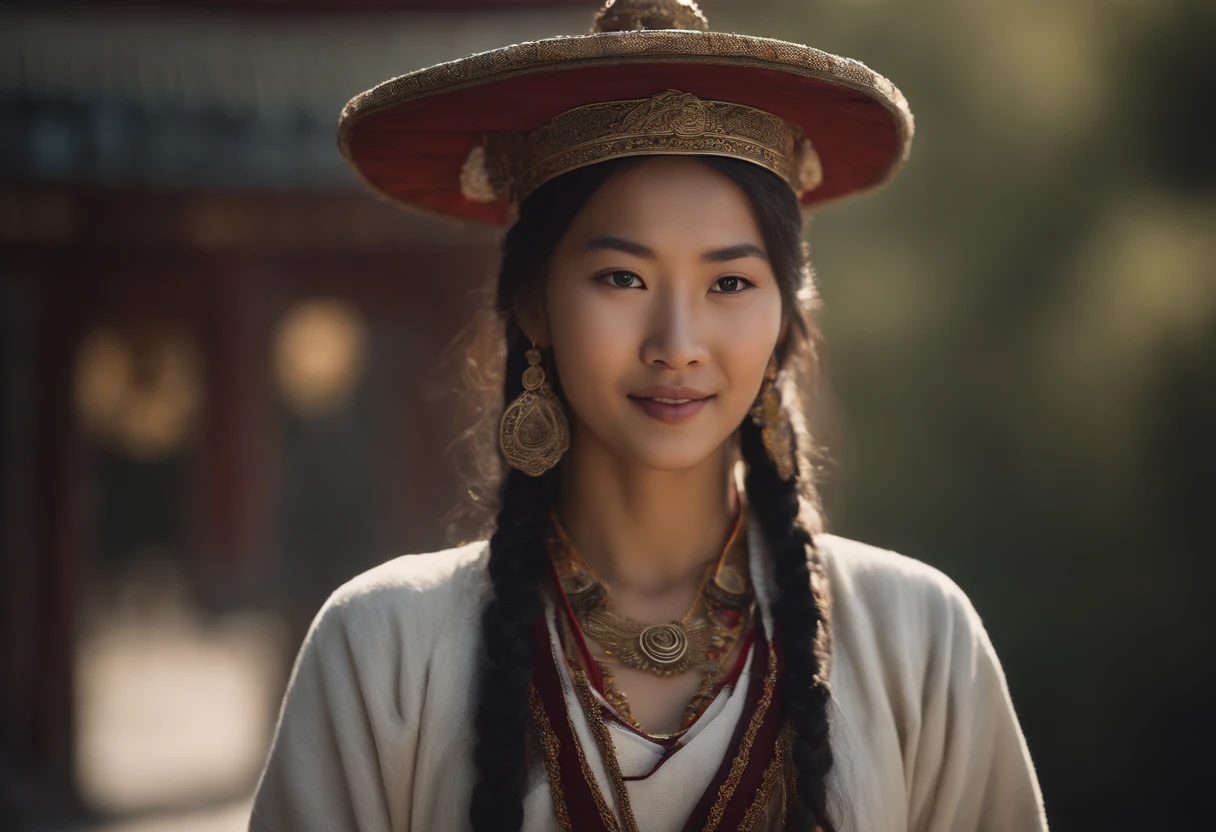 A girl, long braids, Tibetan girl, close-up, slightly raised head, smile, bust photo, upper body, appearance Yang transcendence, gorgeous Tibetan costume, cumbersome Tibetan necklace, cumbersome Tibetan headdress, fluff on clothes, white animal flull, real person CG, sweet style, film style, HD 4K