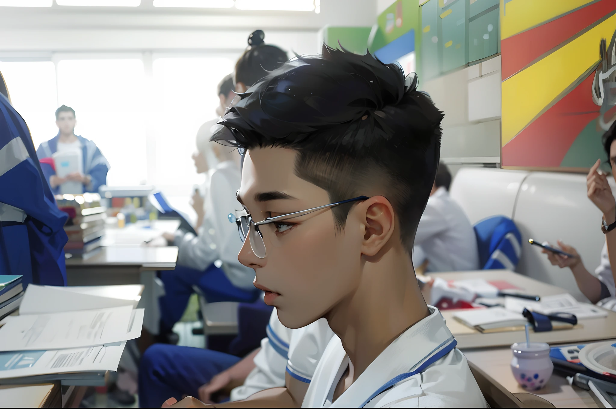 (absurdres, highres, ultra detailed), masterpiece, best quality, a boy drinking a bubble tea, solo, short hair, handsome, finely eye and detailed face, casual clothes, real shadow,