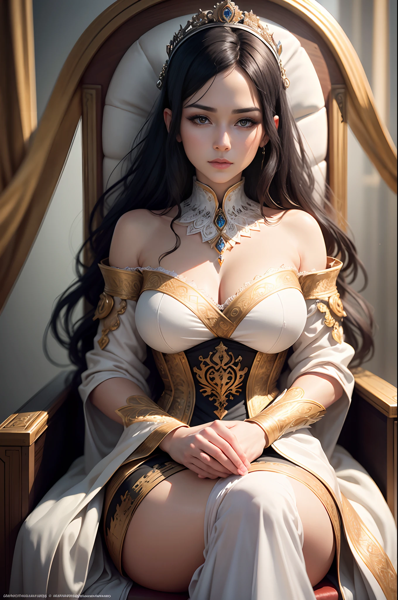 Breathtakingly beautiful portrait of a mature empress featuring symmetrical eyes and face, sitting in a throne,Black hair wave,White luxurious empress costume,Rendering in 8k using Octane rendering technology. The artwork is a masterpiece of intricate art, With spectacular cinematic quality and smoothness, Sharp details. Lighting is carefully crafted in a studio setting, It will be an ultra-realistic image showing the artist's proficiency. Works that are talked about at the art station. artist name: Oleg Shcherba, John K. Vollmer, Einar Martinsen