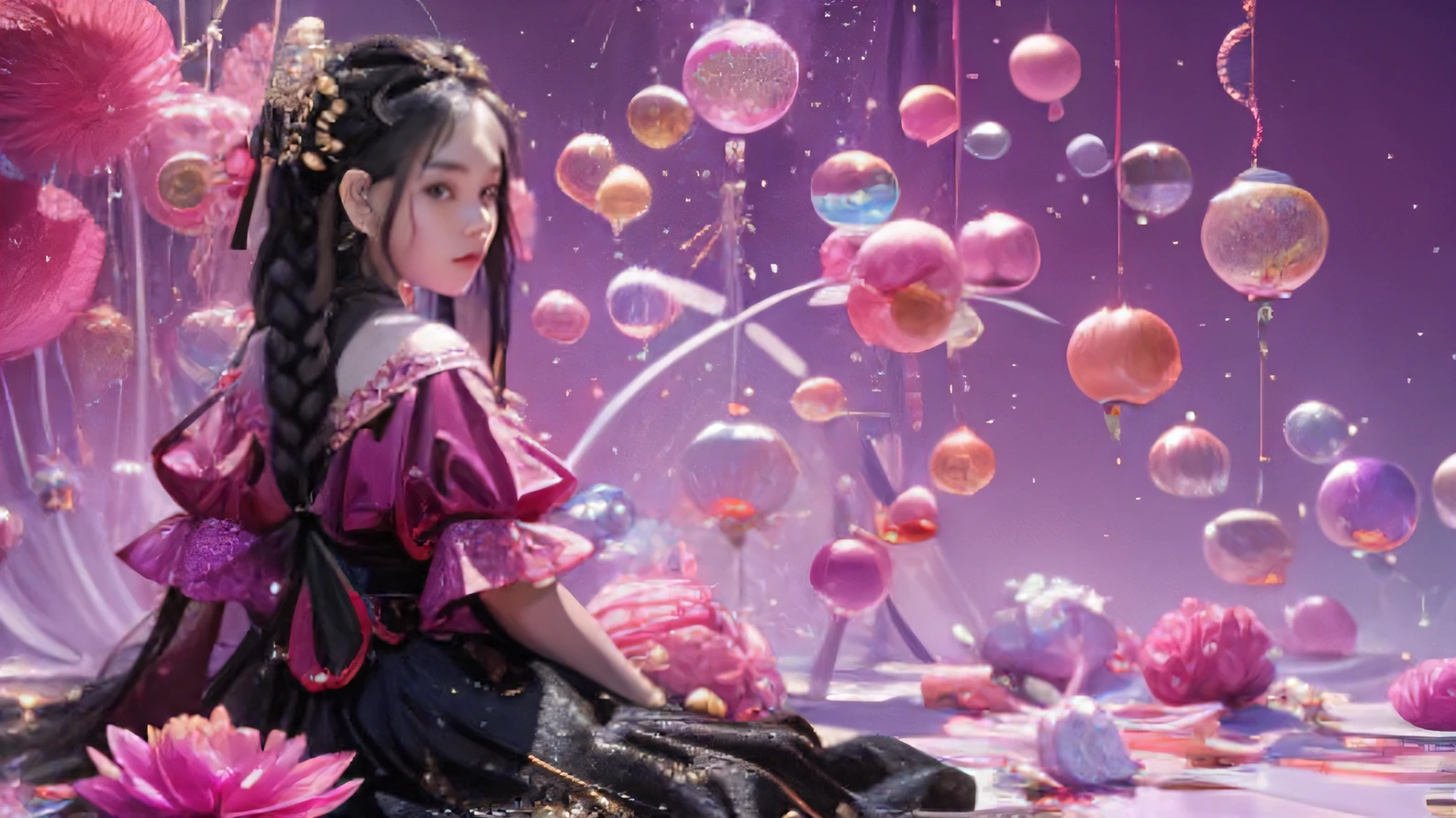 32K(tmasterpiece,k hd,hyper HD,32K)Black braided fairy,Flowing bubbles,ponds,zydink, a color(Black braided students), (Colorful bubbles), Combat posture, looking at the ground, Large rolls of rouge bubbles,Black braids,Silk platinum crystal tiara, Chinese long-sleeved black gold garment, Black braids(Abstract water splash:1.2), Pink peony flower background,Buble(realisticlying:1.4),Black braids,The day is in full swing,The background is pure, A high resolution, the detail, RAW photogr, Sharp Re, Nikon D850 Film Stock Photo by Jefferies Lee 4 Kodak Portra 400 Camera F1.6 shots, Rich colors, ultra-realistic vivid textures, Dramatic lighting, Unreal Engine Art Station Trend, cinestir 800,Black braids,Flowing bubbles,Colored bubbles that refract light