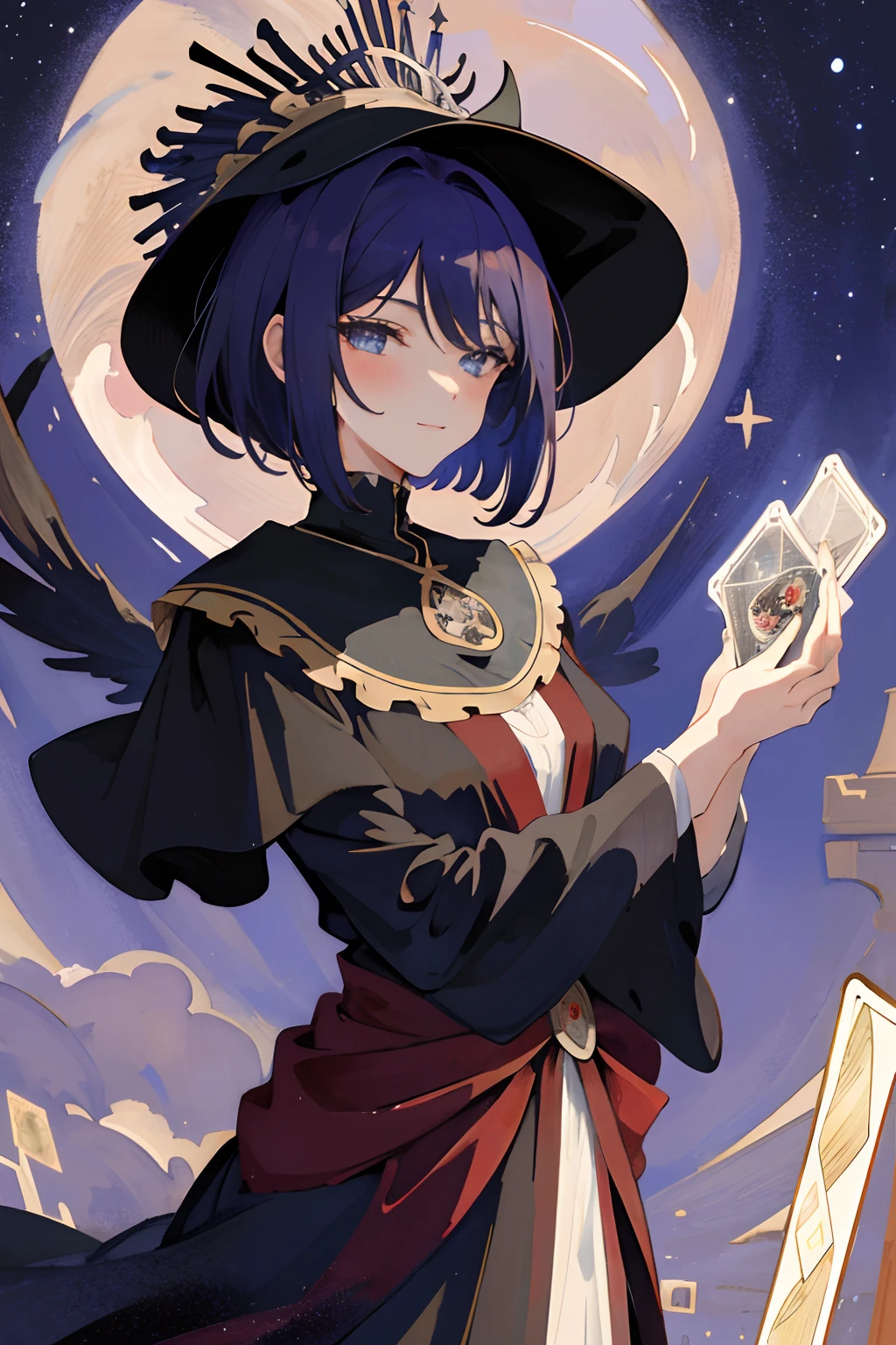 ((Masterpiece:1.2, Best quality)), 1fille, seulement, (witch hat), cheveux bruns, cheveux court, robe, aurore, Nuit, star (ciel), Gants, ciel, Robe noire, Ciel nocturne, ouvrir bouche, starry night sky, yeux verts, ruban, very short hair, Robe rouge, sourire, ruban de cheveux, cap, (corbeau), magie, Sort de lancer, Nuages sombres, Nuit, (impressionnisme:1.4), (Tarot:1.3), Alphonse Mucha,