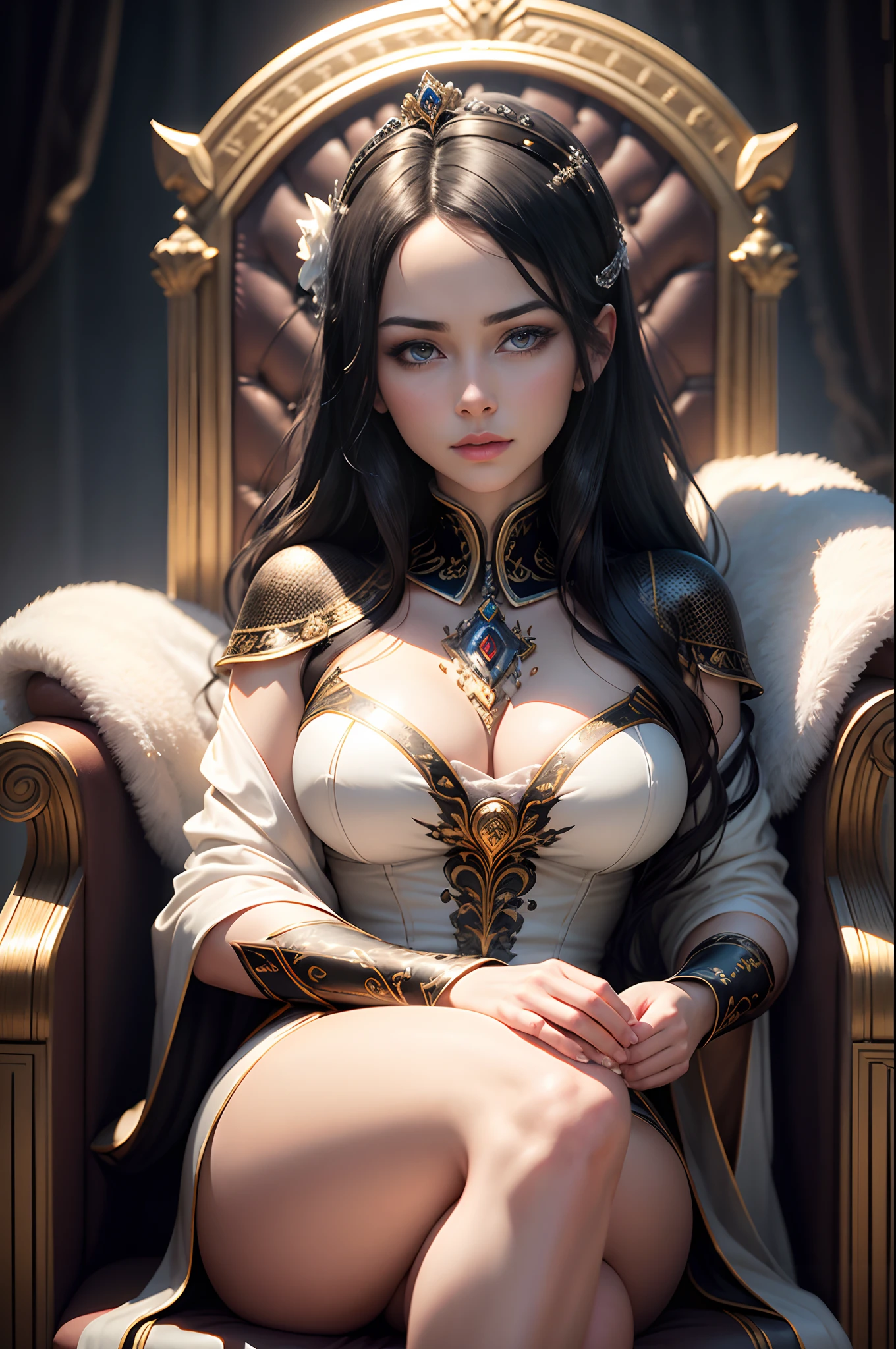 Breathtakingly beautiful portrait of a mature empress featuring symmetrical eyes and face, sitting in a throne,Black hair wave,White luxurious empress costume,Rendering in 8k using Octane rendering technology. The artwork is a masterpiece of intricate art, With spectacular cinematic quality and smoothness, Sharp details. Lighting is carefully crafted in a studio setting, It will be an ultra-realistic image showing the artist's proficiency. Works that are talked about at the art station. artist name: Oleg Shcherba, John K. Vollmer, Einar Martinsen