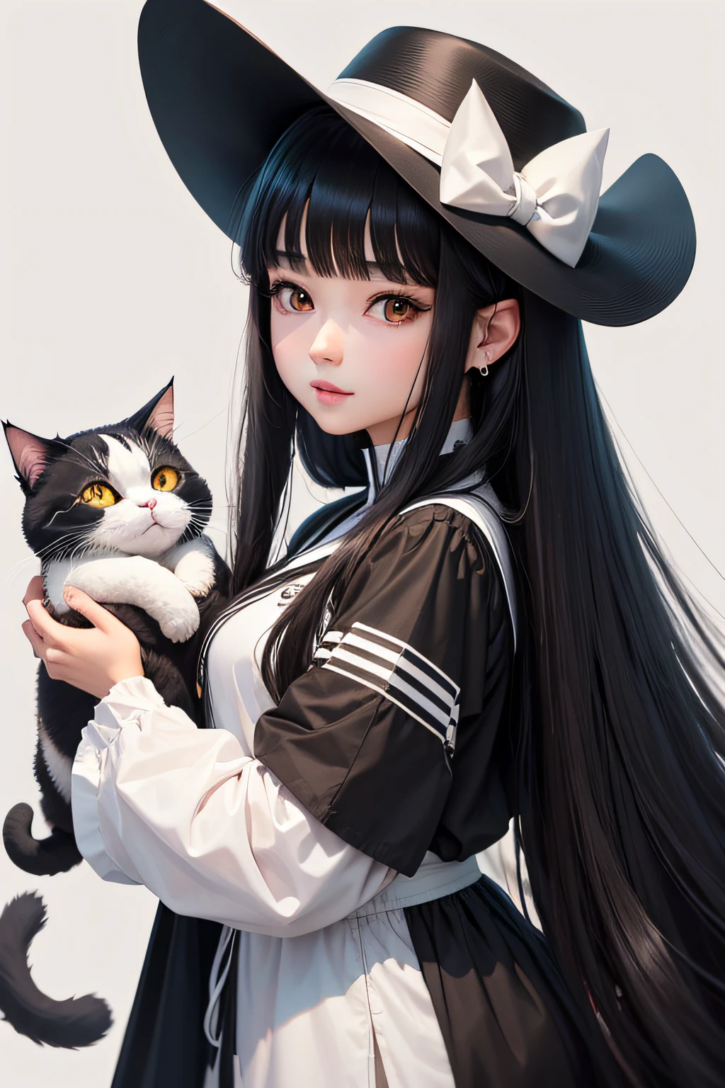 arafed woman with long black hair wearing a white hat, sakimichan, anime thai girl, ruan cute vtuber, with cute - fine - face,cat