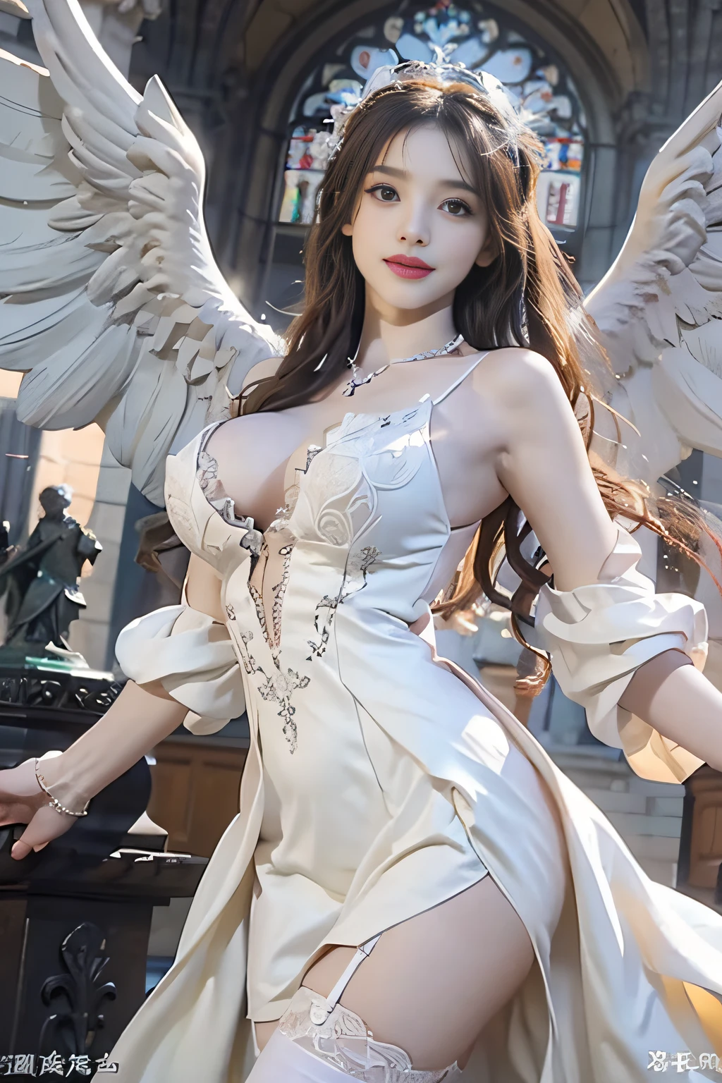 ((top-quality、8K、masterpiece:1.3))、a blond、foco nítido:1.2、(realisitic、Photorealsitic:1.37)、((A smile))、((detailed white stockings))、full body Esbian、Beautiful Face Woman、28 year old、((very Bigger breasts))、having with、pointed chest、NSFW、long eyeslashes、Colorcon、Big 、delicated、Very detailed eyes、Highly detailed eyebrows、((Beautiful ass))、(Sharp Eyebrows)、(Thin eyebrows)、Angel wings、((Pure white dress)),Erect ,Clothed、frombelow、a gorgeous、chies、crosses、stain glass、((Statue of Mary))、Circle of Angels、aureole、fantastical light、Detailed background(8K、masterpiece、top-quality、Raw foto)