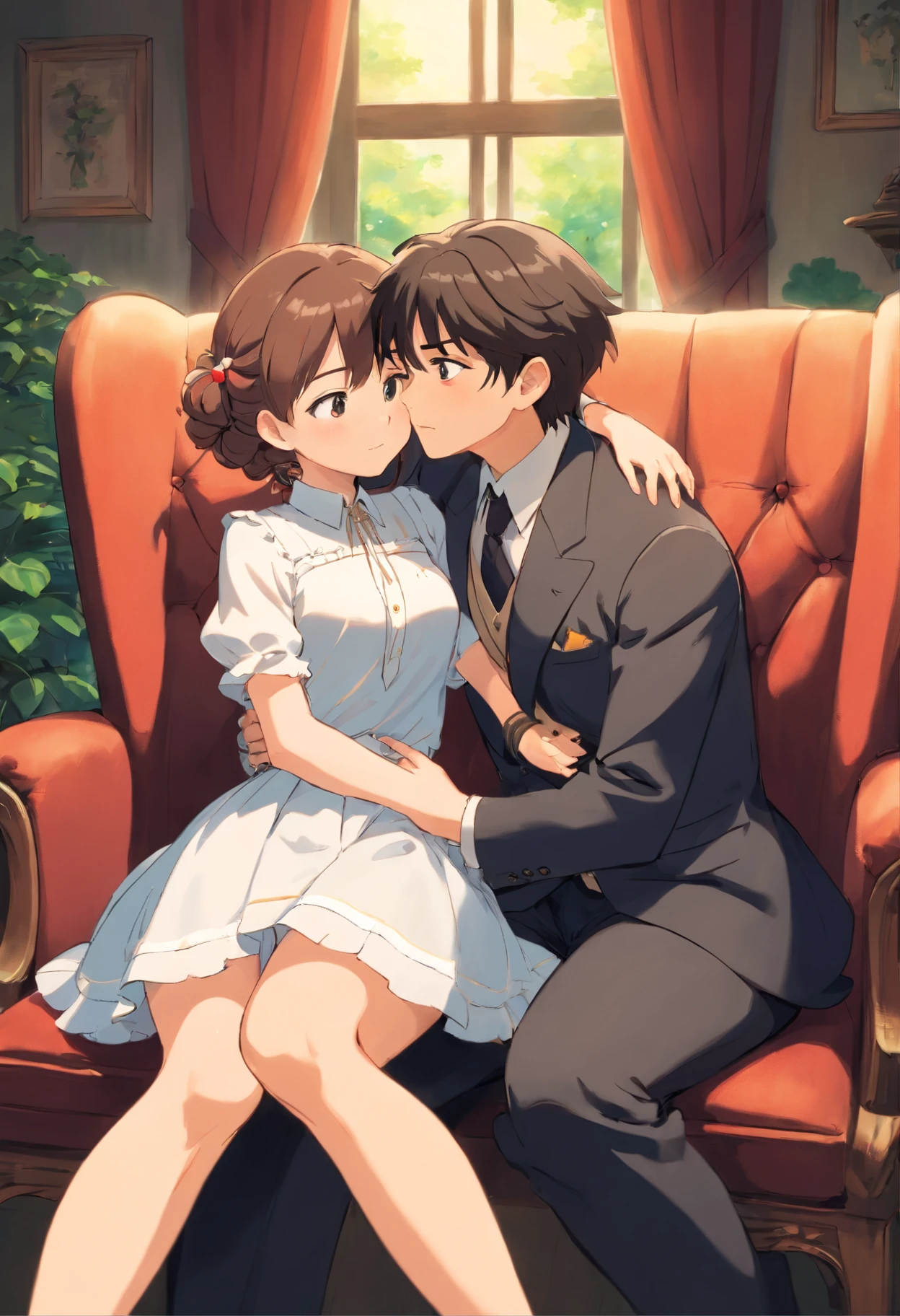 Male and female couples Girl sitting on a chair wearing a tight skirt over a blouse。Boys hugging each other from behind。Boy in formal outfits with cool cut hairstyle。