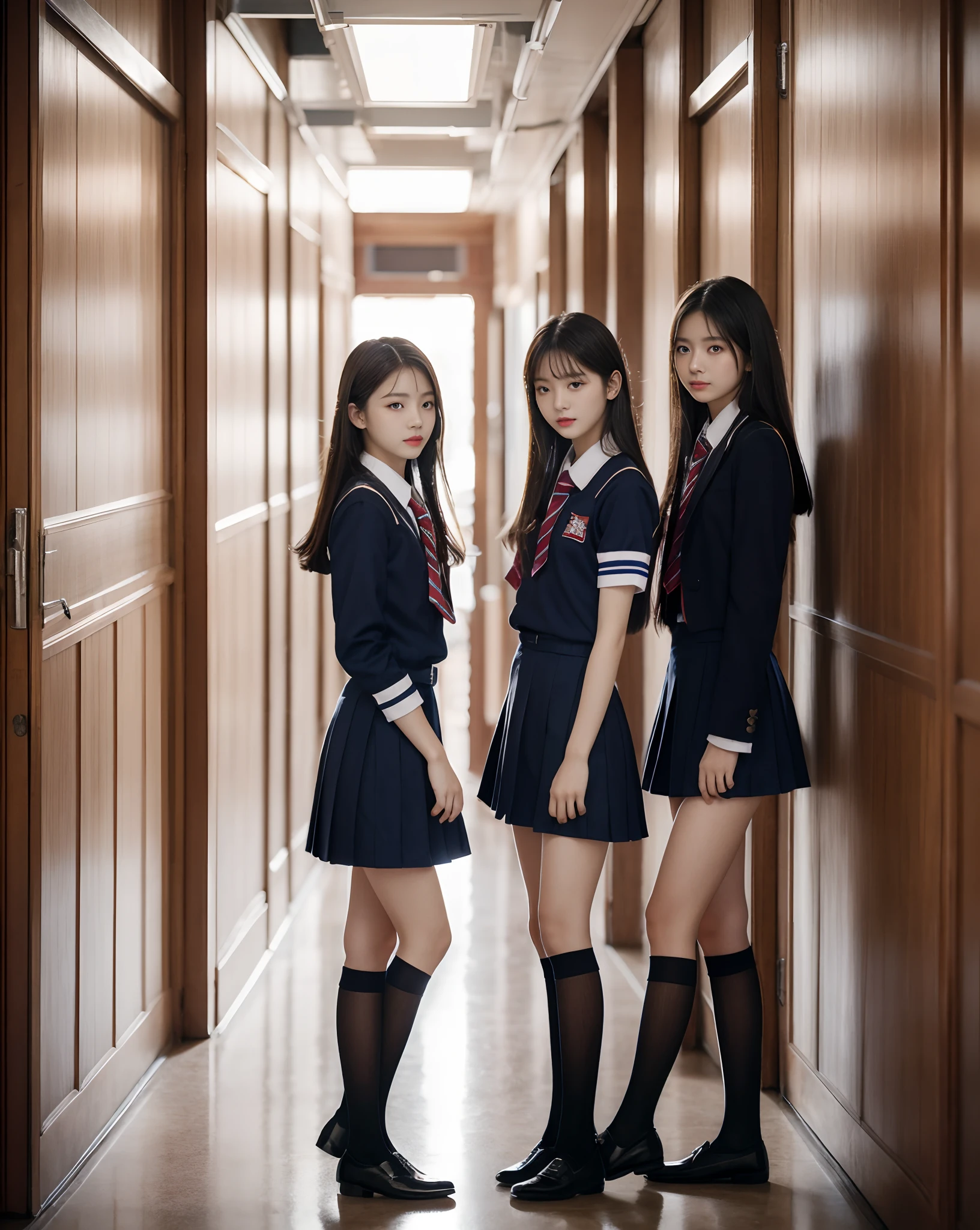 Masterpiece, best quality,3girl, school uniform, indoor, school hallway, looking at viewer,full body, cowboy shot,16k,uhd