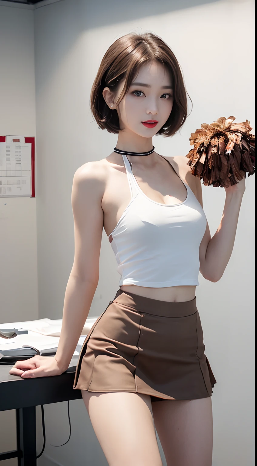 ((1girl in:1.8)),((Holding objects in your hands:0.2)、((From below:1.2))、((slenderbody:1.5))、((Colossal tits:1.4,cleavage of the breast:1.2)),((colourfull:1.5, wearing cheerleader costume:1.5, Short skirt:1.5))、((Standing Pose:1.3,open the legs widely:1.1))、Rocket Big 1.2、Straight in front photo:1.8、Photo above the knee:1.5、8k wallpaper,high resolution,((Photoreal Stick:1.4)),masutepiece, soft lighning, detailed face, detailed eyes, beautiful face, detailed body, highneck suit, Ultra realistic, realism, extra realistic, Best Quality,Perfect Lighting,Detailed Lighting,Dramatic light and shadow,Ray tracing,(Perfect Anatomy:1.4)、((Looking at Viewer))、A detailed face、A detailed eyes、Detailed clavicle、real looking skin、20yr old、((A smile:1.1))、((Brown semi-shorthair:1.3))、Brown-eyed、eye line、Red Lip、school dress room