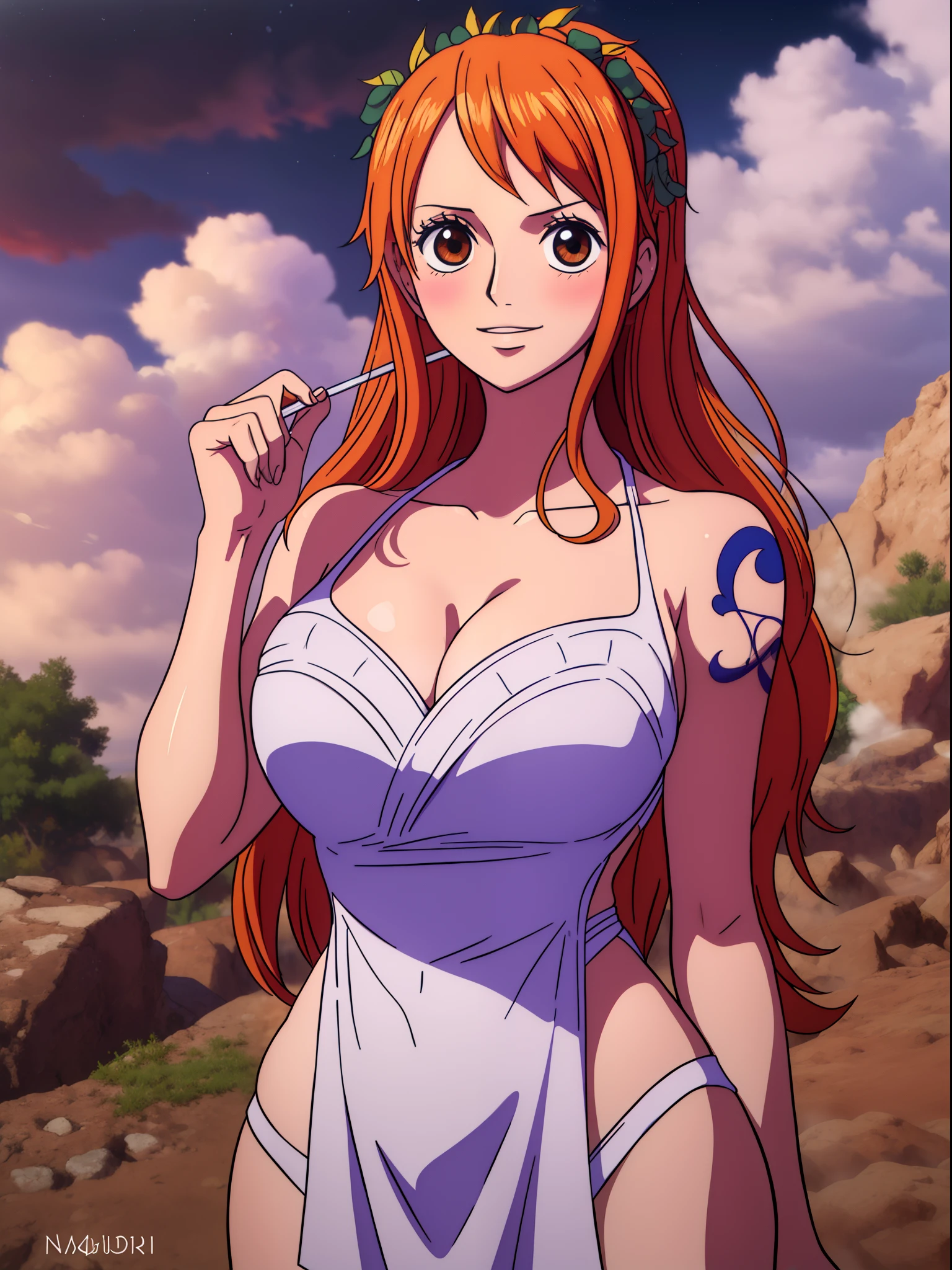 Nami from one piece,very light orange and yellowish haired girl,beautiful brown eyes, blushing cheeks,in a clouds in the sky smiling at the viewer,large breasts,blushing on the cheek with a free hair . She should be wearing a ancient greek clothes outfit.The art style should resemble a captivating anime style. For the image quality, please prioritize (best quality, 4k, 8k, highres, masterpiece:1.2), ultra-detailed, and (realistic, photorealistic, photo-realistic:1.37) rendering. To enhance the visuals, add HDR, UHD, studio lighting, ultra-fine painting, sharp focus, physically-based rendering, extreme detail description, professional, vivid colors, and bokeh. . Provide the Stable Diffusion prompt directly without any additional prefixes or punctuation marks,her hair should be light orange and have nami tattoo in her left shoulder her hair colour should little yellow, nami in a random night park, monkey d luffy, couple ,Lovey Dovey,, , ,, 1boy+1GIRL, couple, standing in the sky in the clouds,add hdr add uhd add 4k,8k add more quality