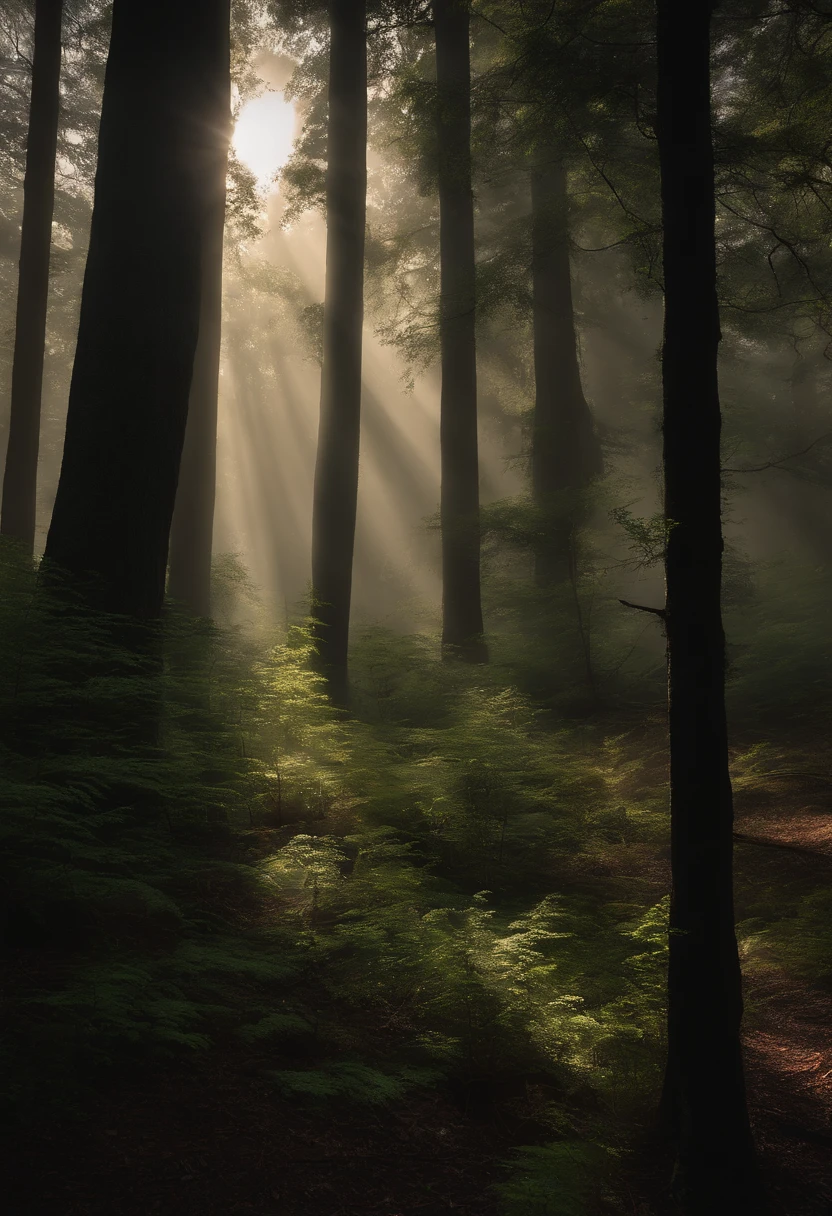Description: In a secluded forest, a ray of sunlight pierces through the dense canopy, casting an ethereal glow on the forest floor. Amidst the towering trees, mysterious shadows seem to come alive, whispering secrets to those who dare to listen. Capture the enigmatic allure of these whispering shadows and the interplay between light and darkness in this mystical setting.