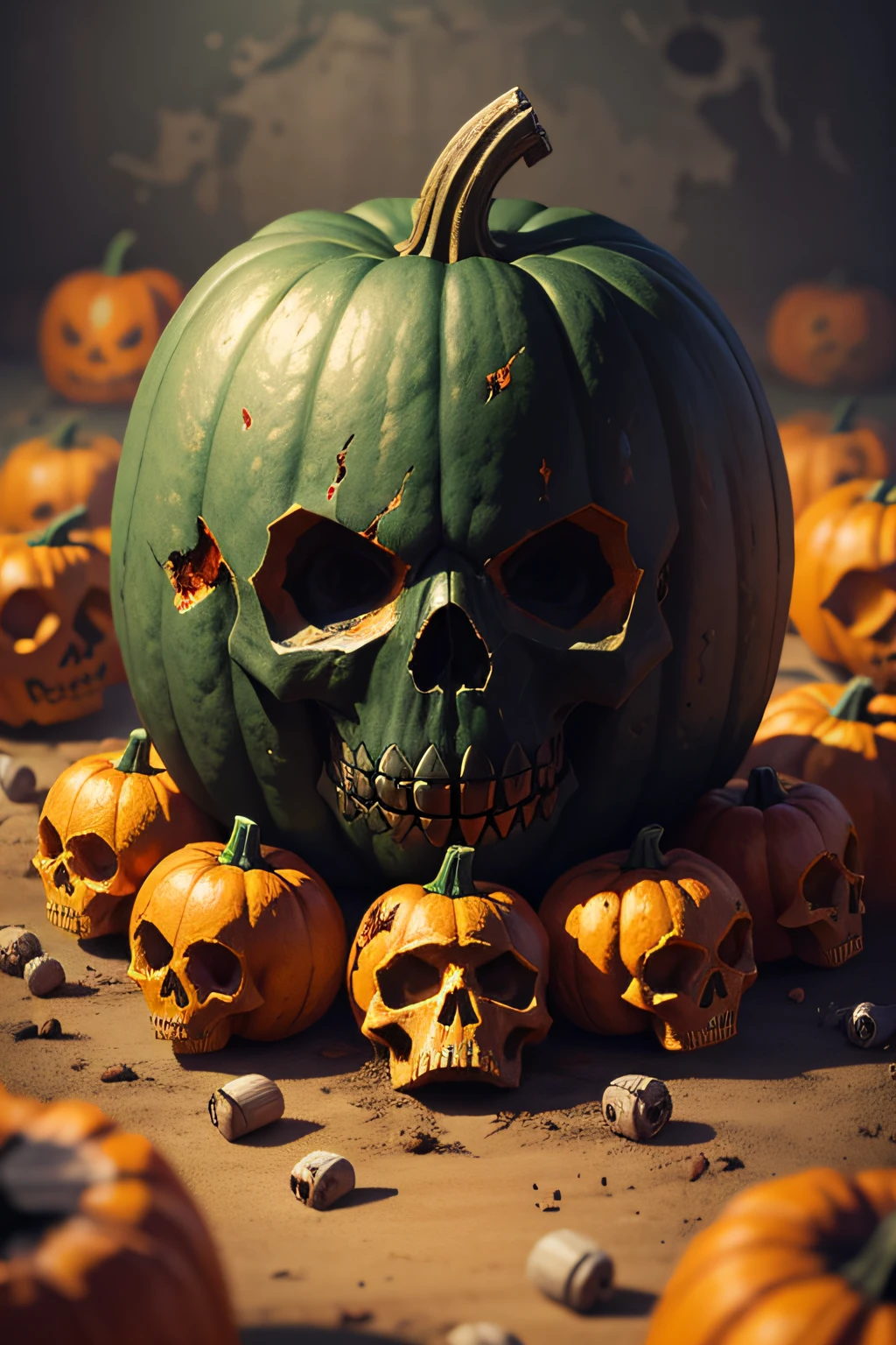 Horror pumpkin lot of textured, with skulls and bones under. A text say“alien tech club” in bloody writing.
