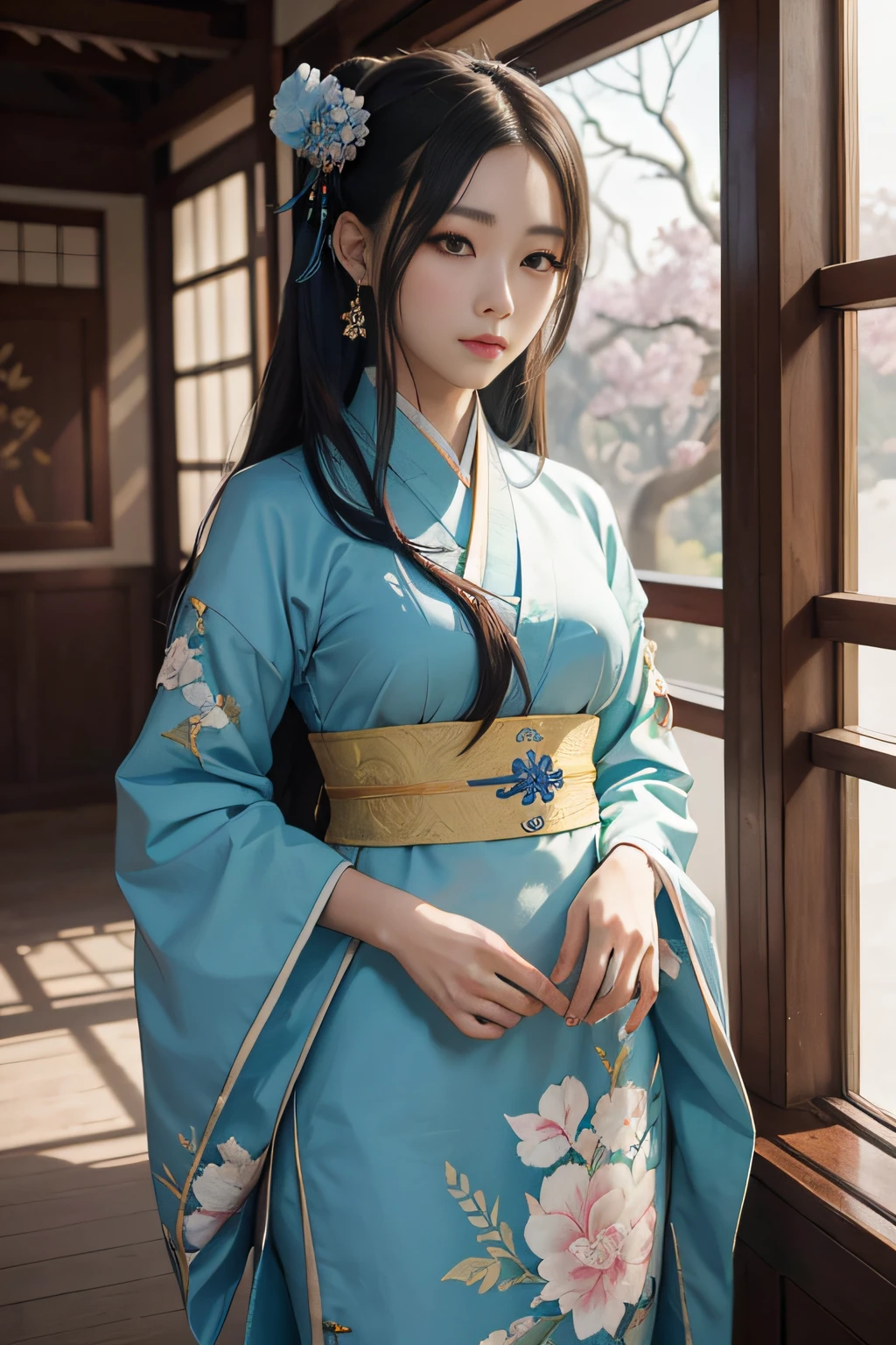 Garota em quimono azul com cabelo oriental e um ventilador, palace , Uma em Hanfu, a beautiful artwork illustration, trending on artstration, Art not Guweiz style, japanese art style, Estilo de arte antiga da China, Guweiz, Trend in CGTacing:, Hanfu, Chinese style, Digital anime illustration, Estilo de arte oriental, pintura de personagem bonita