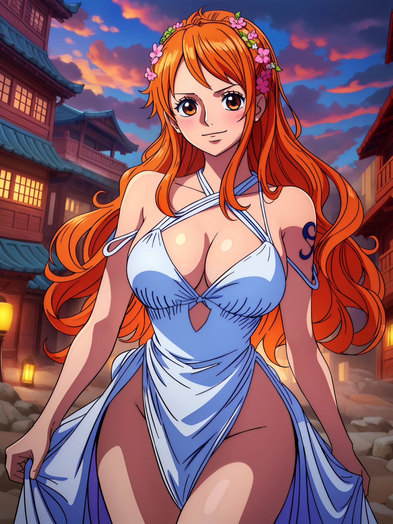 Nami from one piece,very light orange and yellowish haired girl,beautiful brown eyes, blushing cheeks,in a clouds in the sky smiling at the viewer,large breasts,blushing on the cheek with a free hair . She should be wearing a ancient greek clothes outfit.The art style should resemble a captivating anime style. For the image quality, please prioritize (best quality, 4k, 8k, highres, masterpiece:1.2), ultra-detailed, and (realistic, photorealistic, photo-realistic:1.37) rendering. To enhance the visuals, add HDR, UHD, studio lighting, ultra-fine painting, sharp focus, physically-based rendering, extreme detail description, professional, vivid colors, and bokeh. . Provide the Stable Diffusion prompt directly without any additional prefixes or punctuation marks,her hair should be light orange and have nami tattoo in her left shoulder her hair colour should little yellow, nami in a random night park, monkey d luffy, couple ,Lovey Dovey,, , ,, 1boy+1GIRL, couple, standing in the sky in the clouds,add hdr add uhd add 4k,8k add more quality