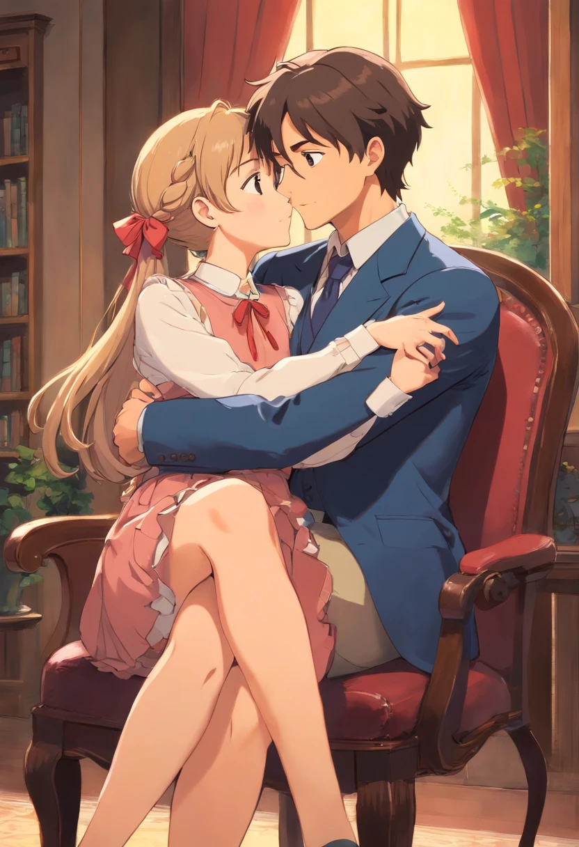 Male and female couples Girl sitting on a chair wearing a tight skirt over a blouse。Boys hugging each other from behind。Boy in formal outfits with cool cut hairstyle。kissing each other 。