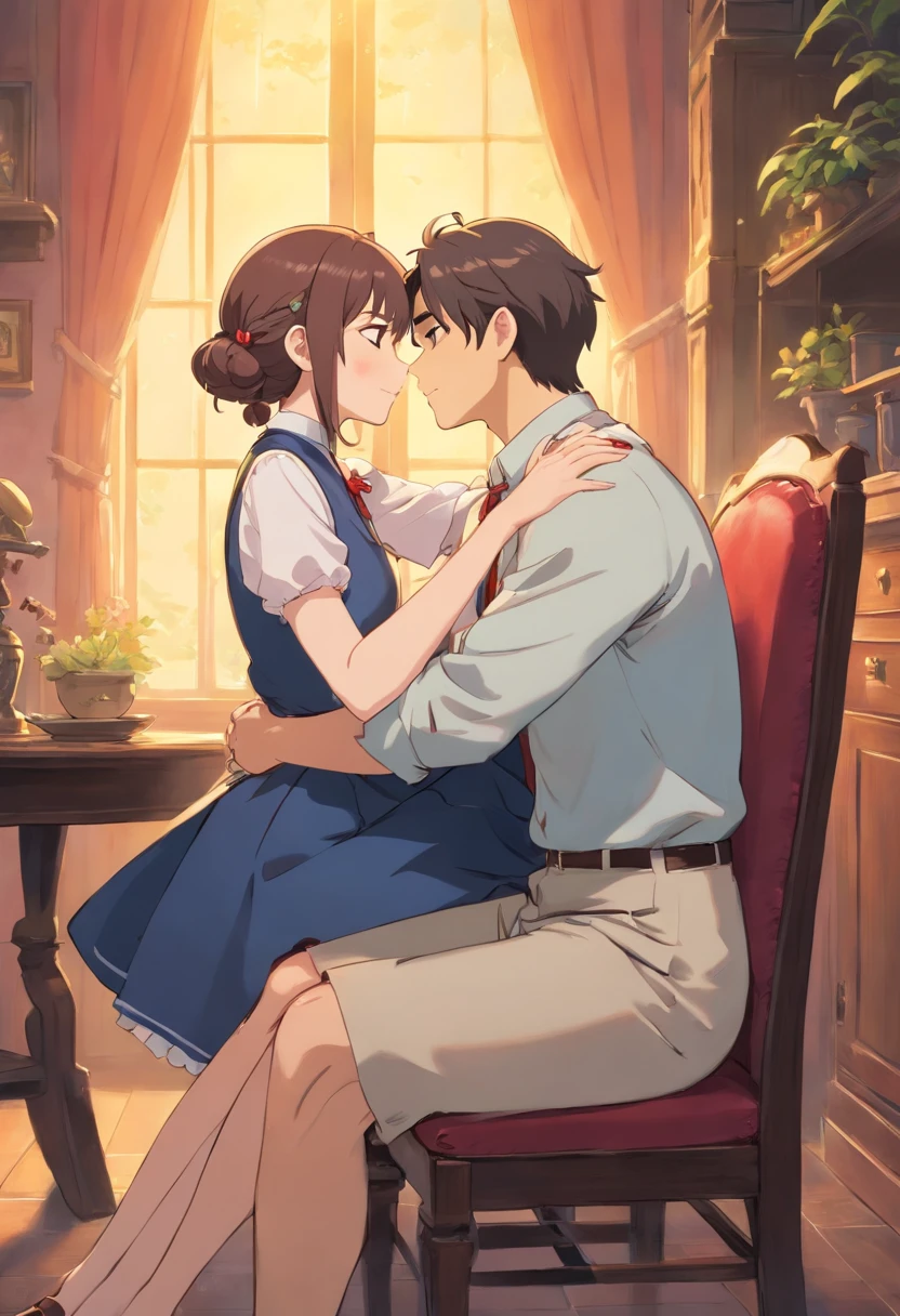 Male and female couples Girl sitting on a chair wearing a tight skirt over a blouse。Boys hugging each other from behind。Boy in formal outfits with cool cut hairstyle。kissing each other 。