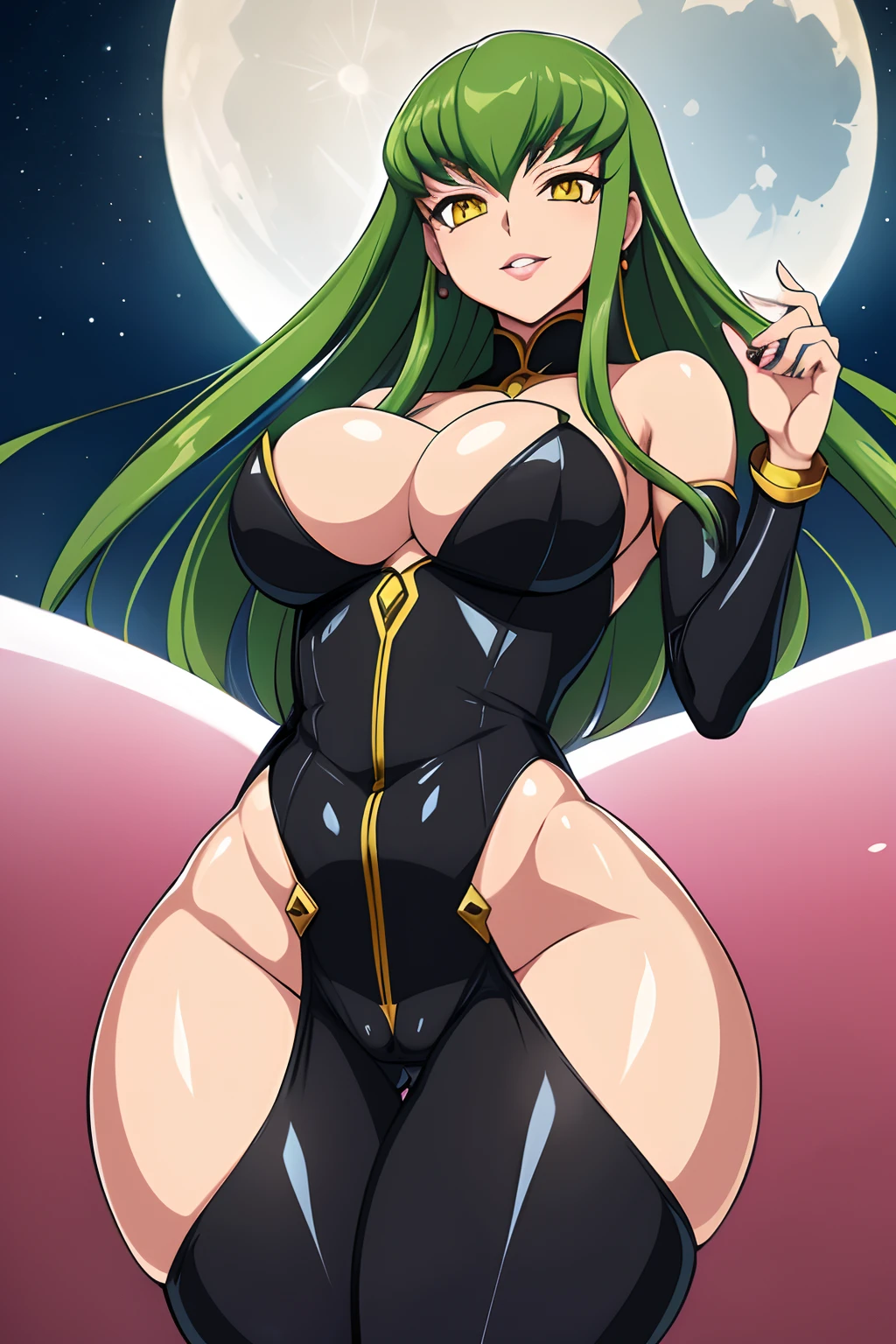 Code Geass, C.C, 1girl, (((bimbo))), long green hair, yellow eyes, ear rings, puffy lips, painted lips, thick lips, wide hips, thick thighs, small round breast, huge ass, revealing cleavage, erotic, Smile face, bubble butt, camel toe, Breasts, black suit, posing, night time, moon
