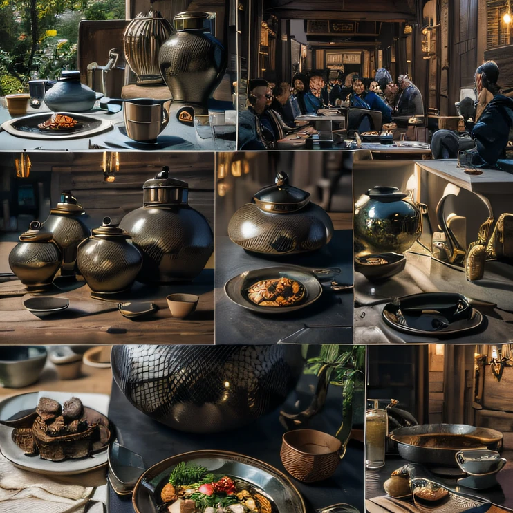 6 manhoods,Top image quality,8K,conference site,In the canyon ancient temple,View all desktops,Six male immortals,Black gold python robe crane relief,Gourd tea set,Three dishes and one soup,A masterpiece of telephoto photography,Realisticstyle,hyper photorealism, Cinematic lighting, projected inset,Black braids