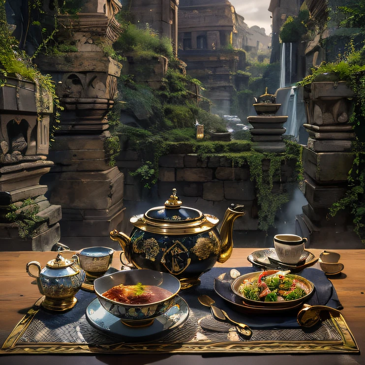 6 manhoods，Top image quality，8K,conference site，In the canyon ancient temple，View all desktops，Six male immortals，Black gold python robe crane relief，Gourd tea set，Three dishes and one soup，A masterpiece of telephoto photography，Realisticstyle，hyper photorealism, Cinematic lighting, projected inset,Black braids