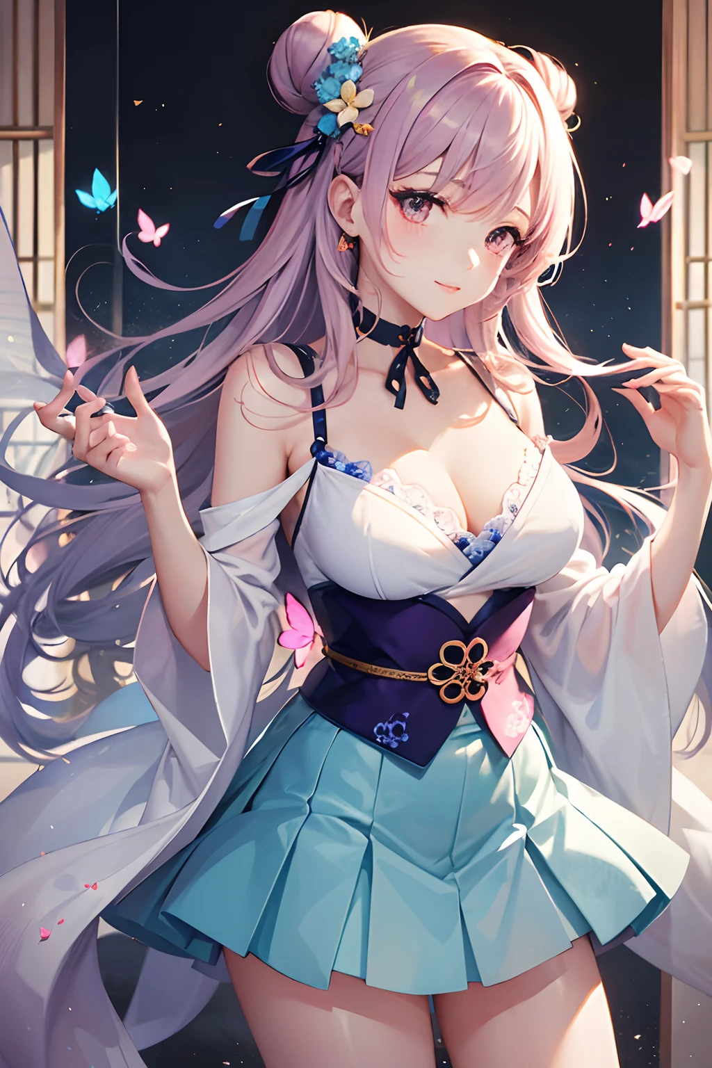 japanaese girl, Smooth and delicate lines, Wearing a glamorous and flowing miniskirt, Miniskirt blue-pink, Shy, Beautiful face, Exquisite makeup, Willow leaf eyebrows, Gentle eyes, Hair in a bun, Wearing a transparent hair ornament in the shape of a flower, Hair blue-pink gradient,Heart-shaped choker、 Butterfly in hand, Graceful and flowing movements, Watercolor style, The image is clean and clear, Qiuying style