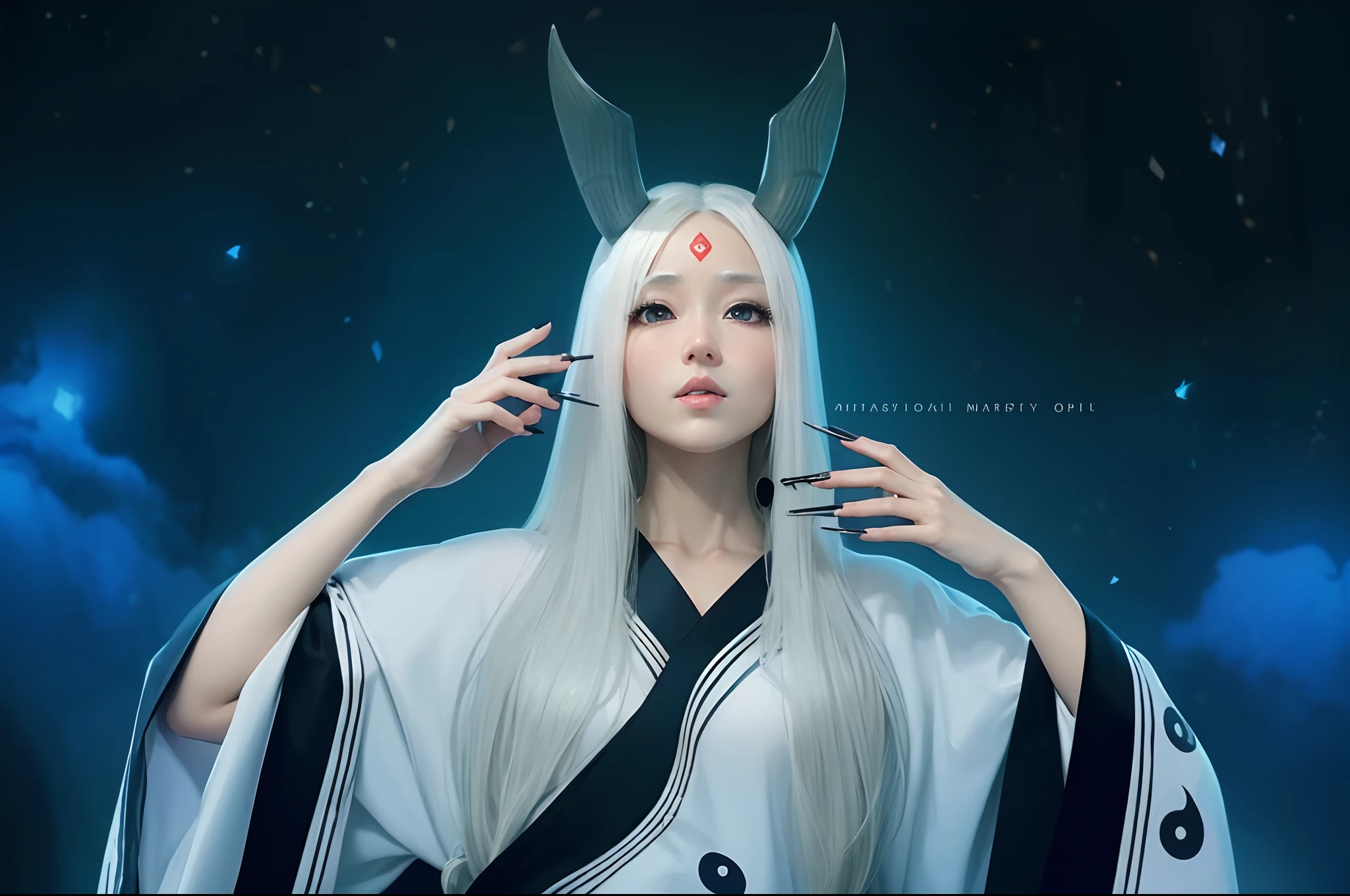 masterpiece,best quality,highly detailed,ultra-detailed,an extremely delicate and beautiful,masterpiece,1girl, solo,kaguya,mature female, long hair, third eye,horns,white short eyebrows, otsutsuki kimono, looking at viewer, on bed,indoors,wariza, cleavage, off shoulder,