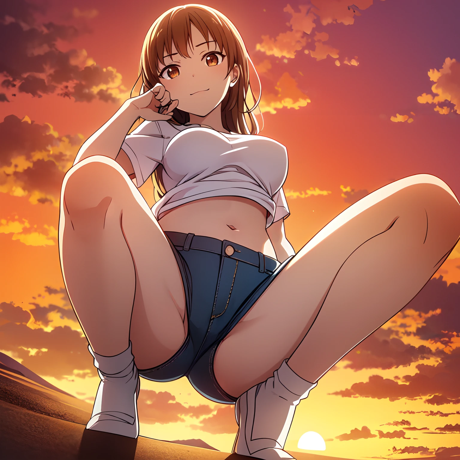 (Shoot from below:1.5), Rear Angle, (From below :1.4), (Crotch focus:1.2), (low angles:1.2), BREAK, top-quality, masterpiece, Photonic style, high-detail, 16k picture quality, beautiful a girl, look at a camera, Depicts the whole body, squatting, plump big breasts, Constricted waist, white short sleeves T-shirt, Sheer , Denim shorts, Navel Ejection, Crimson sky, Madder clouds, Dazzling sunset light, suns, Orange Sea, sand beach, Splash,