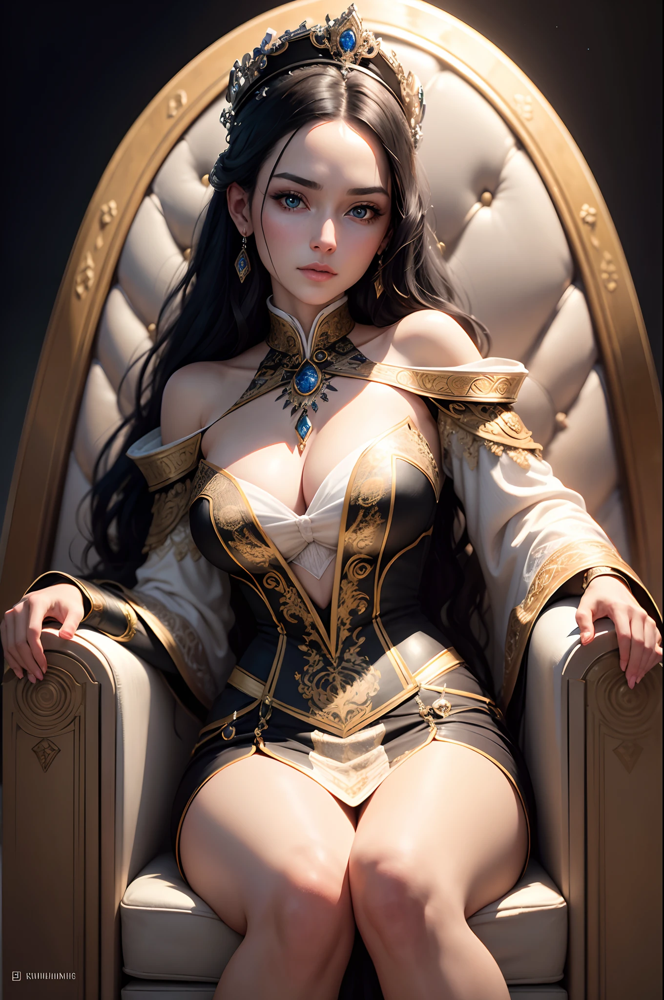 Breathtakingly beautiful portrait of a mature empress featuring symmetrical eyes and face, sitting in a throne,Black hair wave,White luxurious empress costume,Rendering in 8k using Octane rendering technology. The artwork is a masterpiece of intricate art, With spectacular cinematic quality and smoothness, Sharp details. Lighting is carefully crafted in a studio setting, It will be an ultra-realistic image showing the artist's proficiency. Works that are talked about at the art station. artist name: Oleg Shcherba, John K. Vollmer, Einar Martinsen